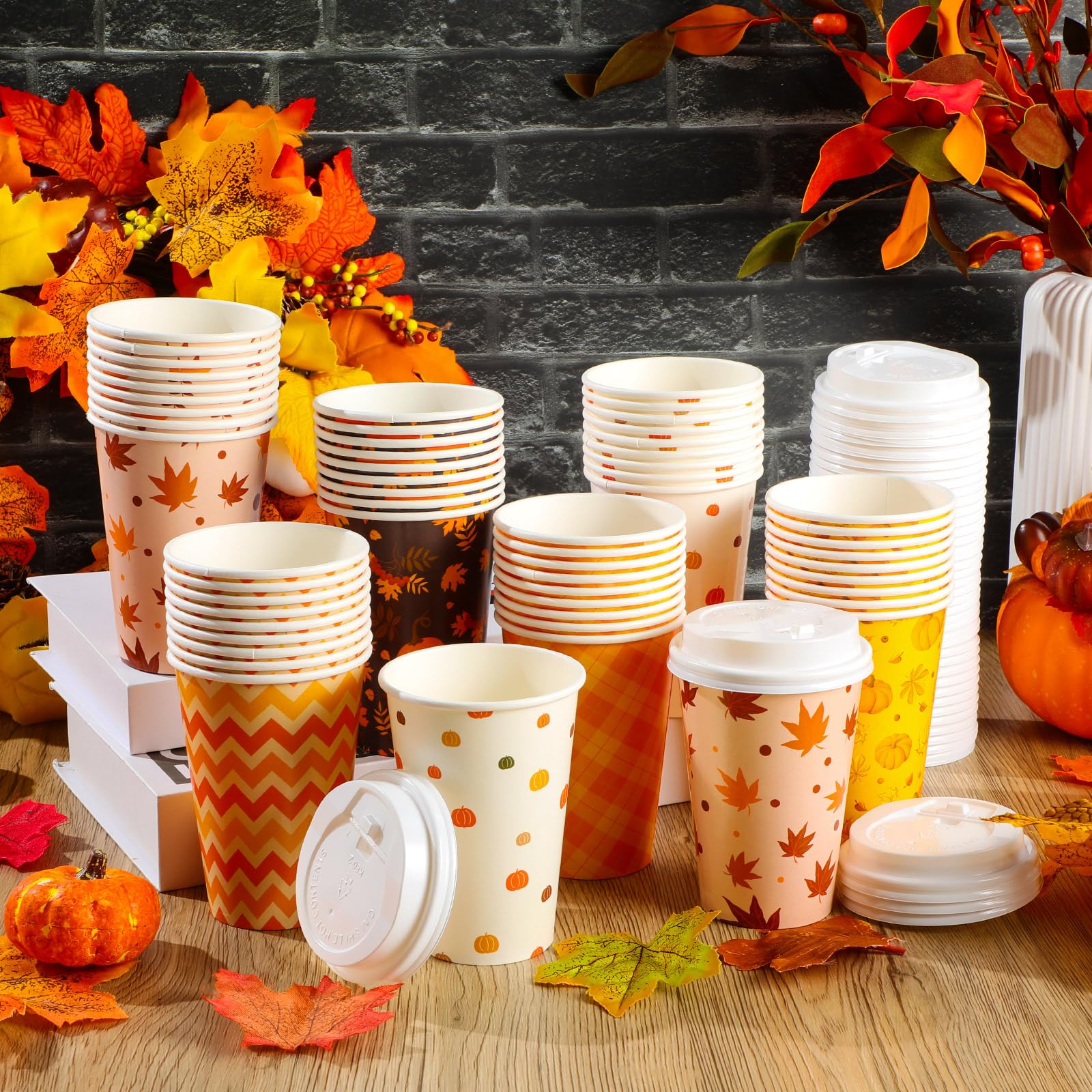 Sliner 60 Pcs Fall Thanksgiving Disposable Coffee Cups with Lids 12 oz Autumn Hot Cold Drinks Paper Cups Pumpkin Maple Leaf Beve