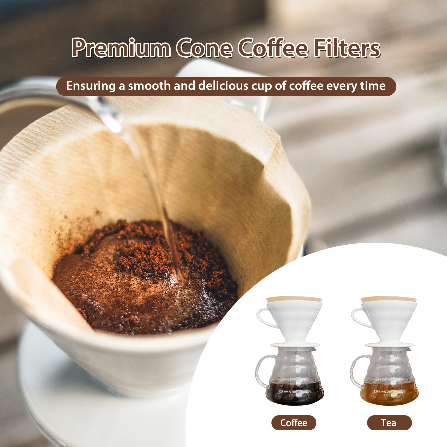 Paktalk 200 Count Cone Coffee Filters #4, Natural Brown Paper Cone Shaped Coffee Filters For Pour Over And Drip Coffee Maker (10