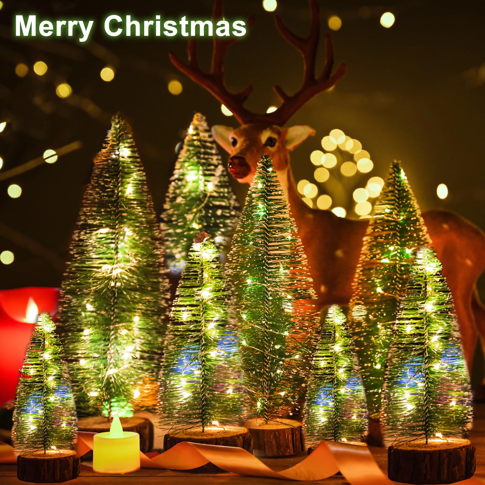 8 PCS Mini Christmas Trees, 2 Modes Artificial Bottle Brush Trees with Timer LED String Lights Desktop Small Pine Trees with Woo