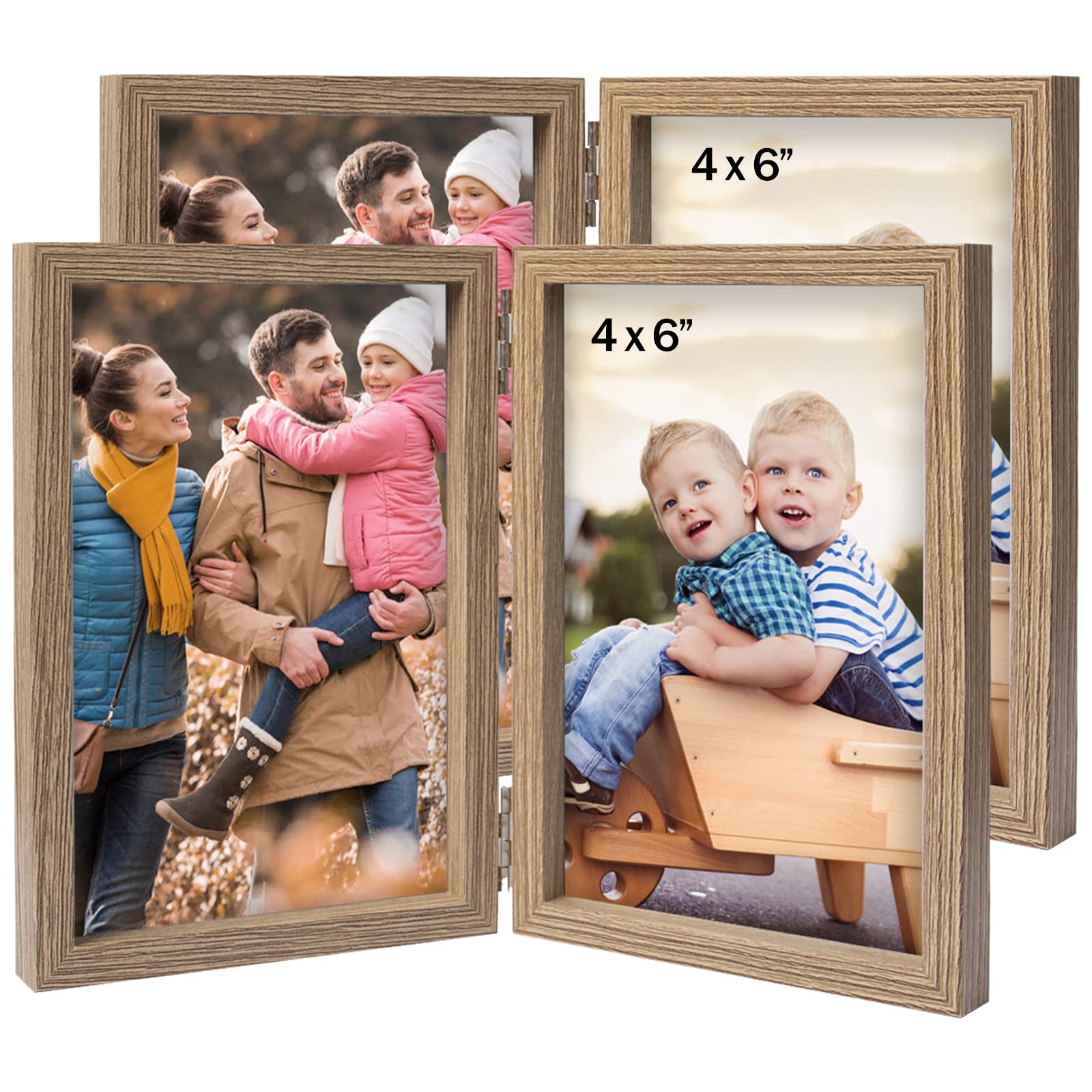 ORIVAN 2 Pack 4x6 Double Picture Frames Hinged Folding Photo Frames with Glass Vertical Stand Frames (Grain)