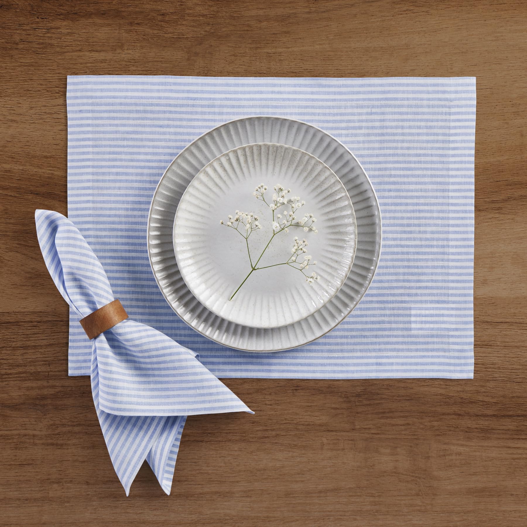 Solino Home Stripe Linen Placemats 19'' L X 14'' W Inch - 100% Pure Linen Cornflower Blue And White Cloth Placemats Set Of 4 - N