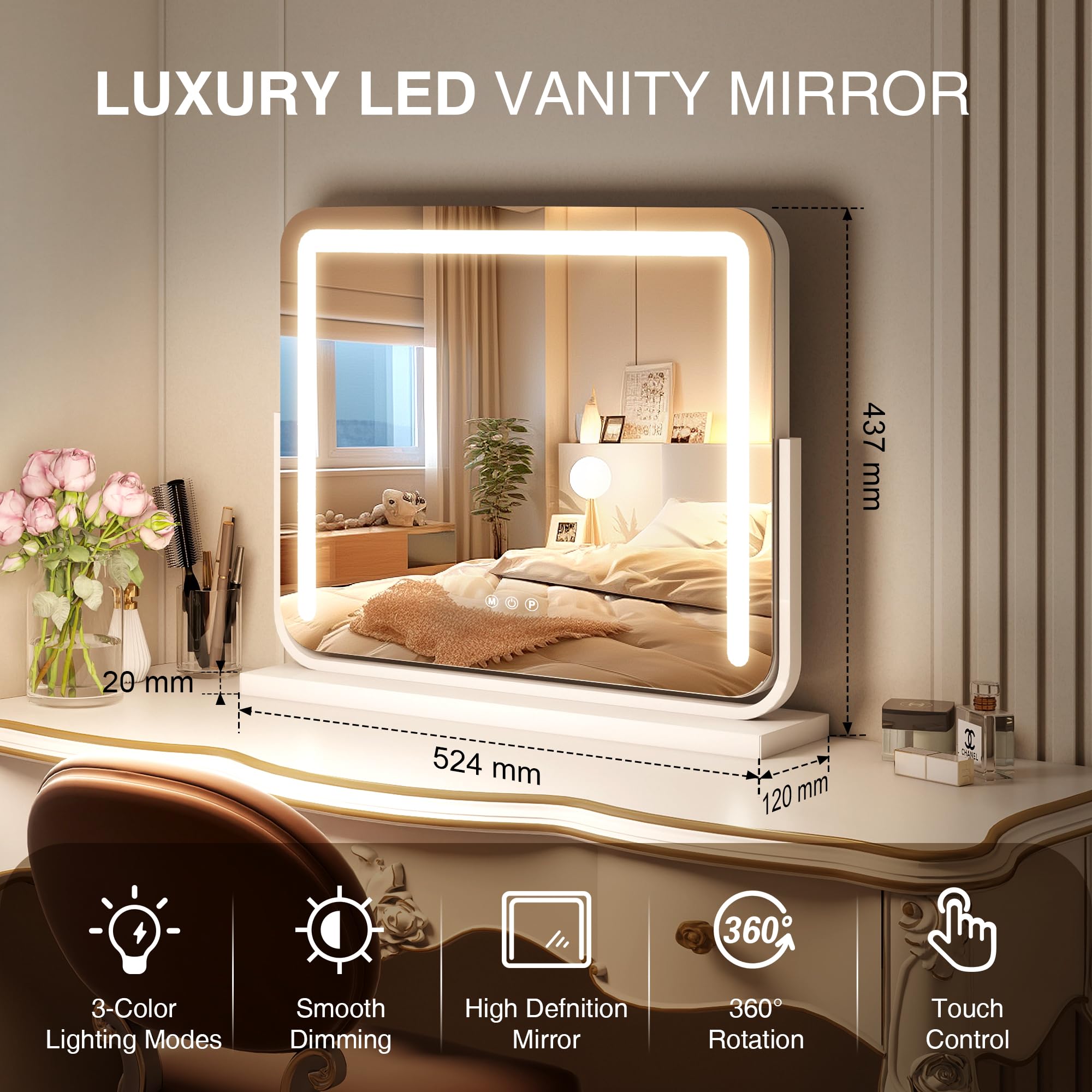 Vanity Mirror With Lights 21  15.7 Led Makeup Mirror,Dimmable Smart Touch Control Mirror With Lights For Bedroom Tabletop,10X Ma