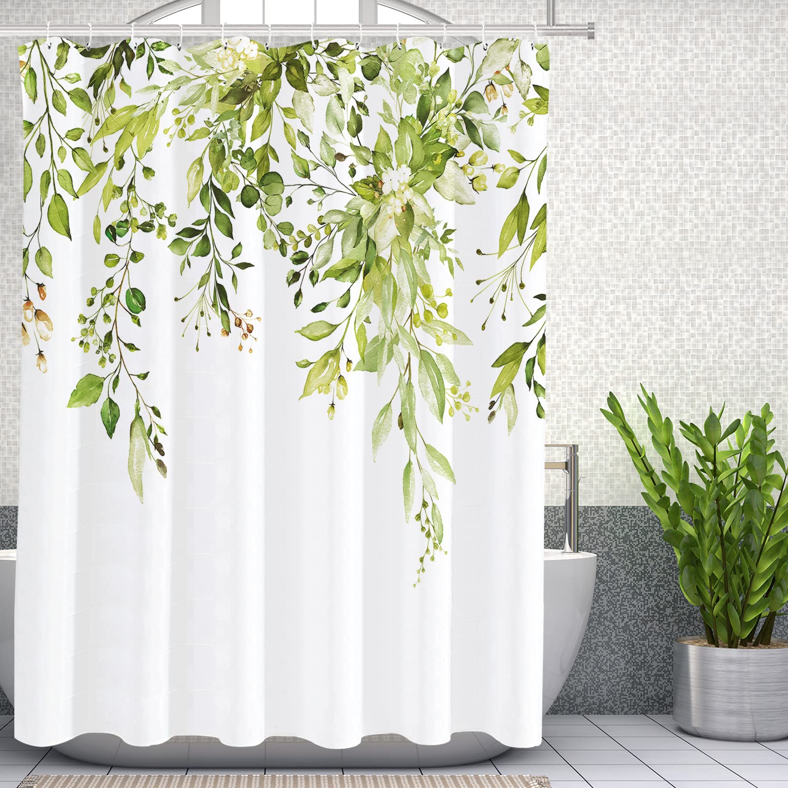 Tititex Fragile Sprout Grass Green Eucalyptus Shower Curtain Sets, Watercolor Leaves On The Top Plant With Floral Bathroom Decor