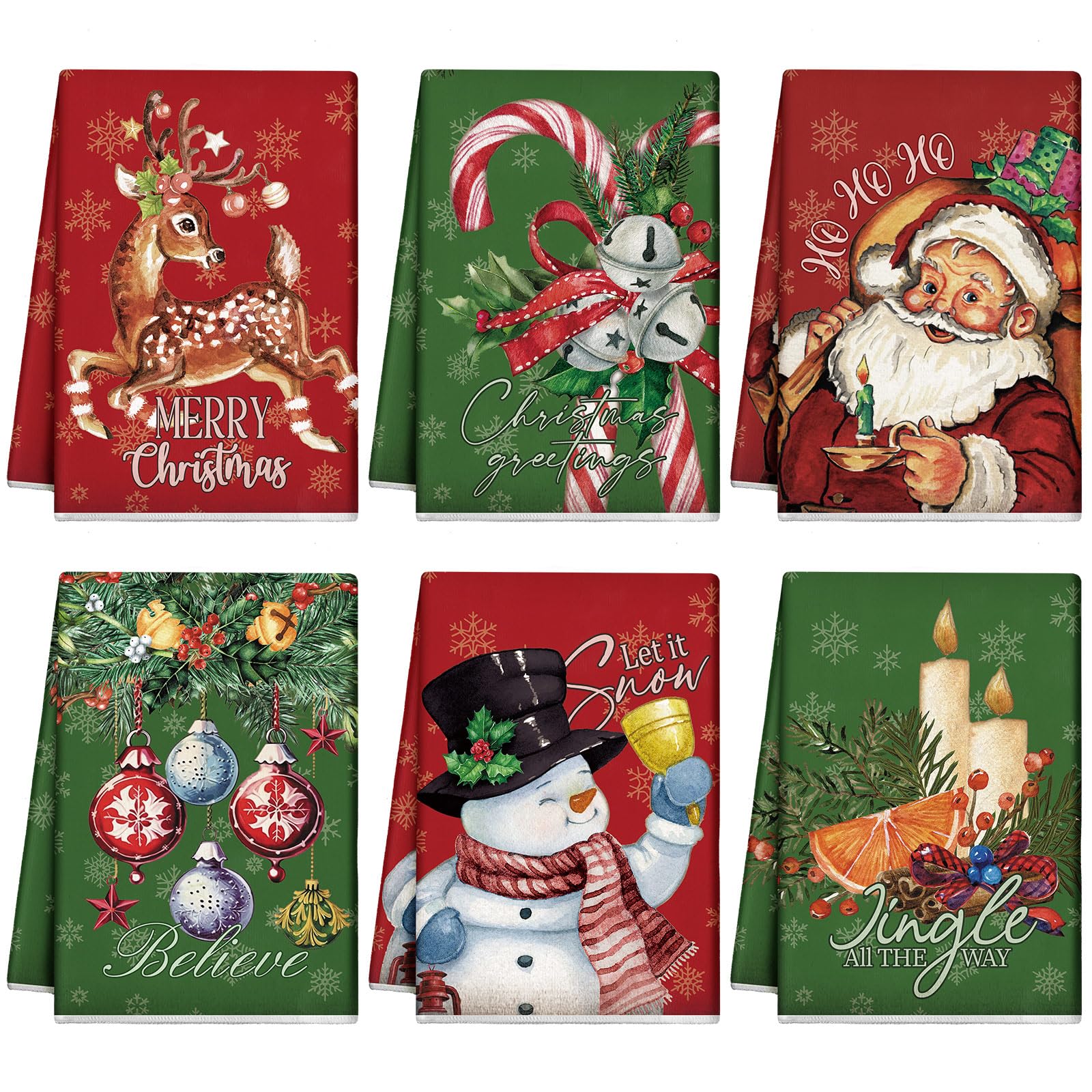 Hosuly 6 Pcs Vintage Christmas Kitchen Towels Red and Green Christmas Hand Towels Xmas Santa Elk Snowman Candy Dish Towels Chris