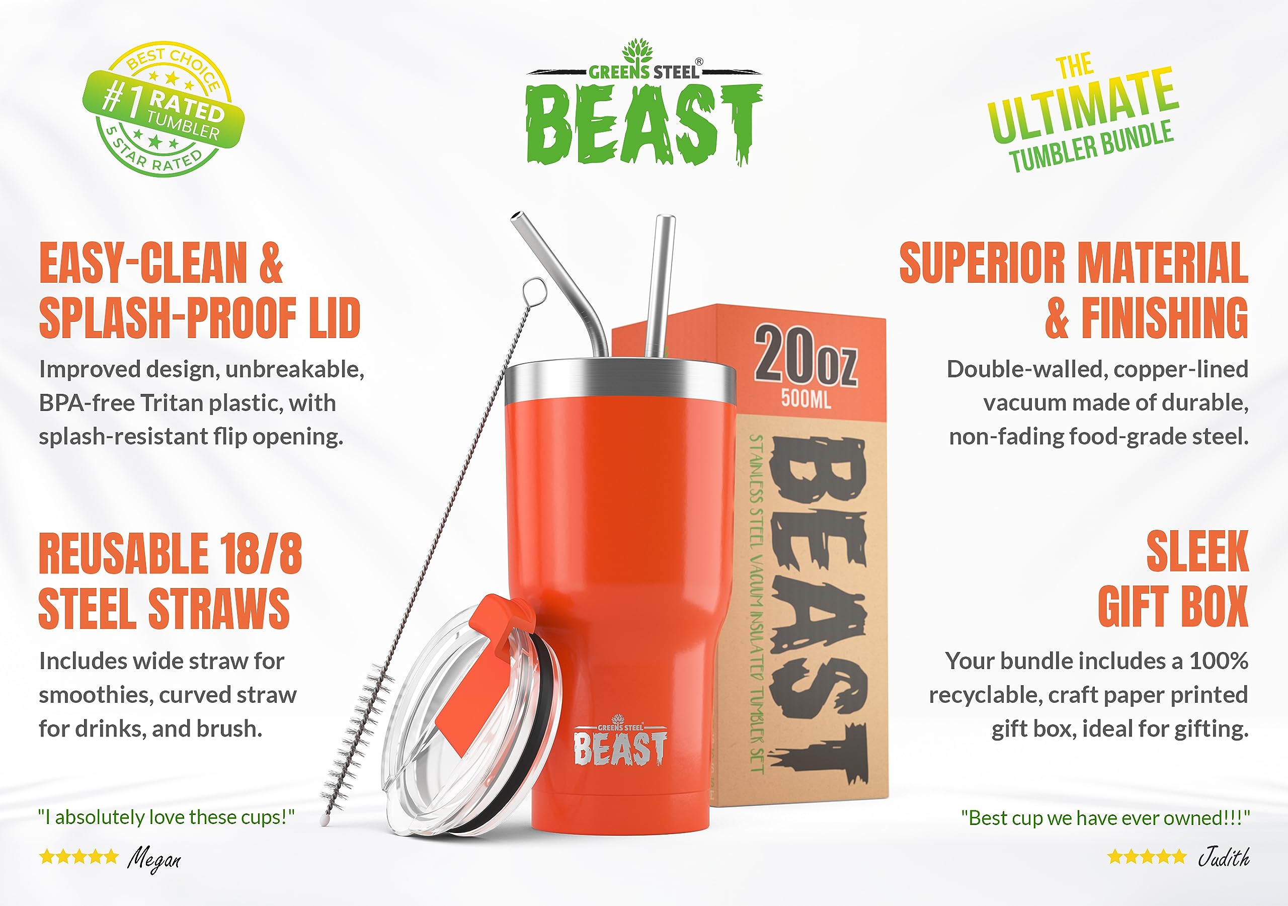 Beast 20 oz Tumbler Stainless Steel Vacuum Insulated Coffee Ice Cup Double Wall Travel Flask (Orange)