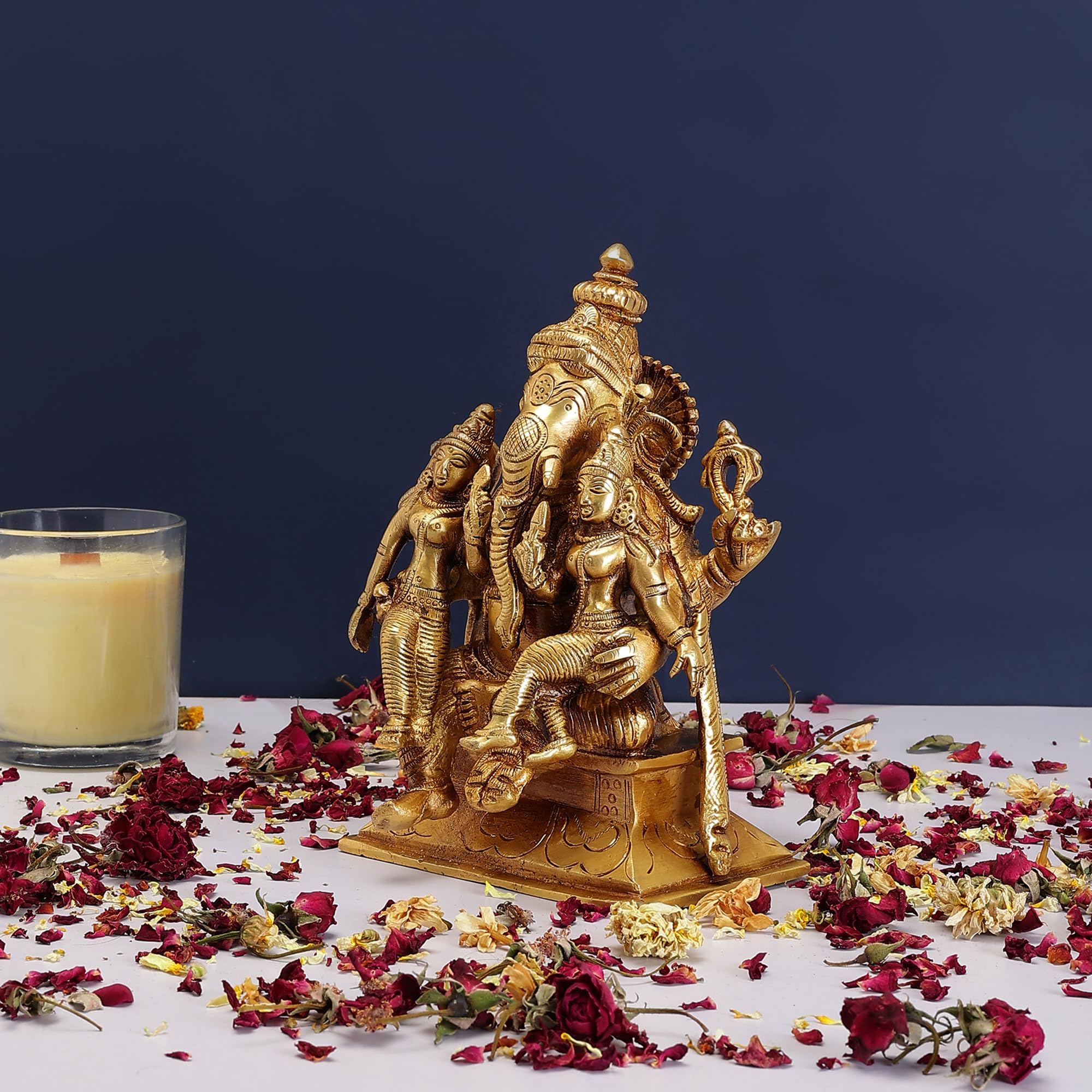 Try Feet Exquisite Divine Ganesh Statue With His Consorts Ridhi Sidhi, Traditional Hindu Religious Sculpture, Decorative Home Te