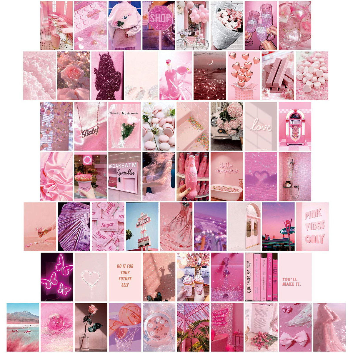Tenare 60 Pcs Pink Aesthetic Picture For Wall Collage Rose Pink Collage Kit Room Decor For Teen Girls Pink Posters For Bedroom C