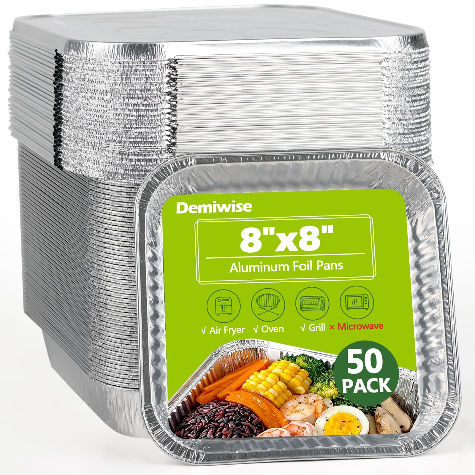 Demiwise Thickened 50 Pack Heavy Duty Aluminum Pans with Lids, 8x8 Square Disposable Aluminum Baking Pans, Small Foil Pans with 