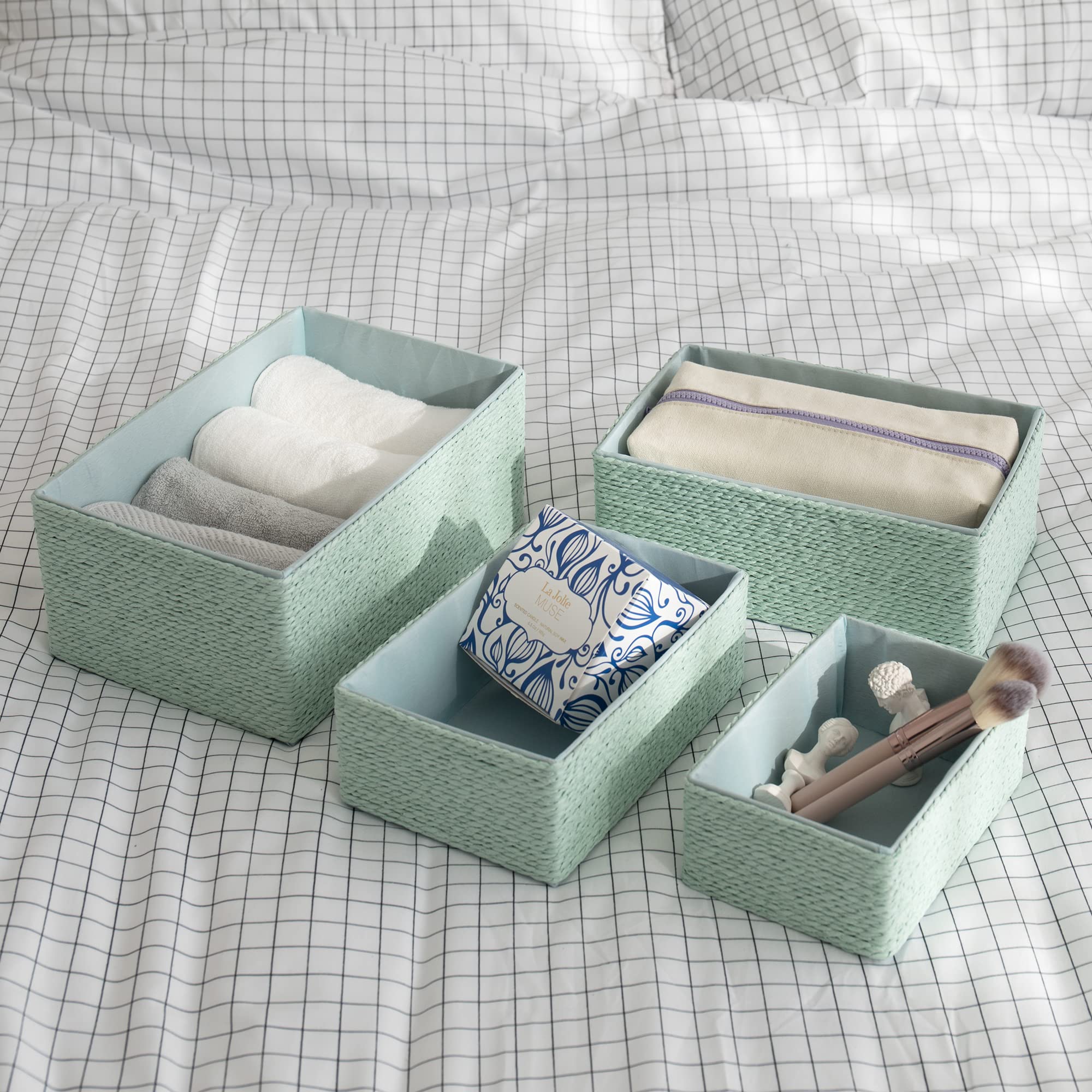 Storage Baskets Set 4 - Stackable Woven Basket Paper Rope Bin, Storage Boxes For Makeup Closet Bathroom Bedroom (Light Green)