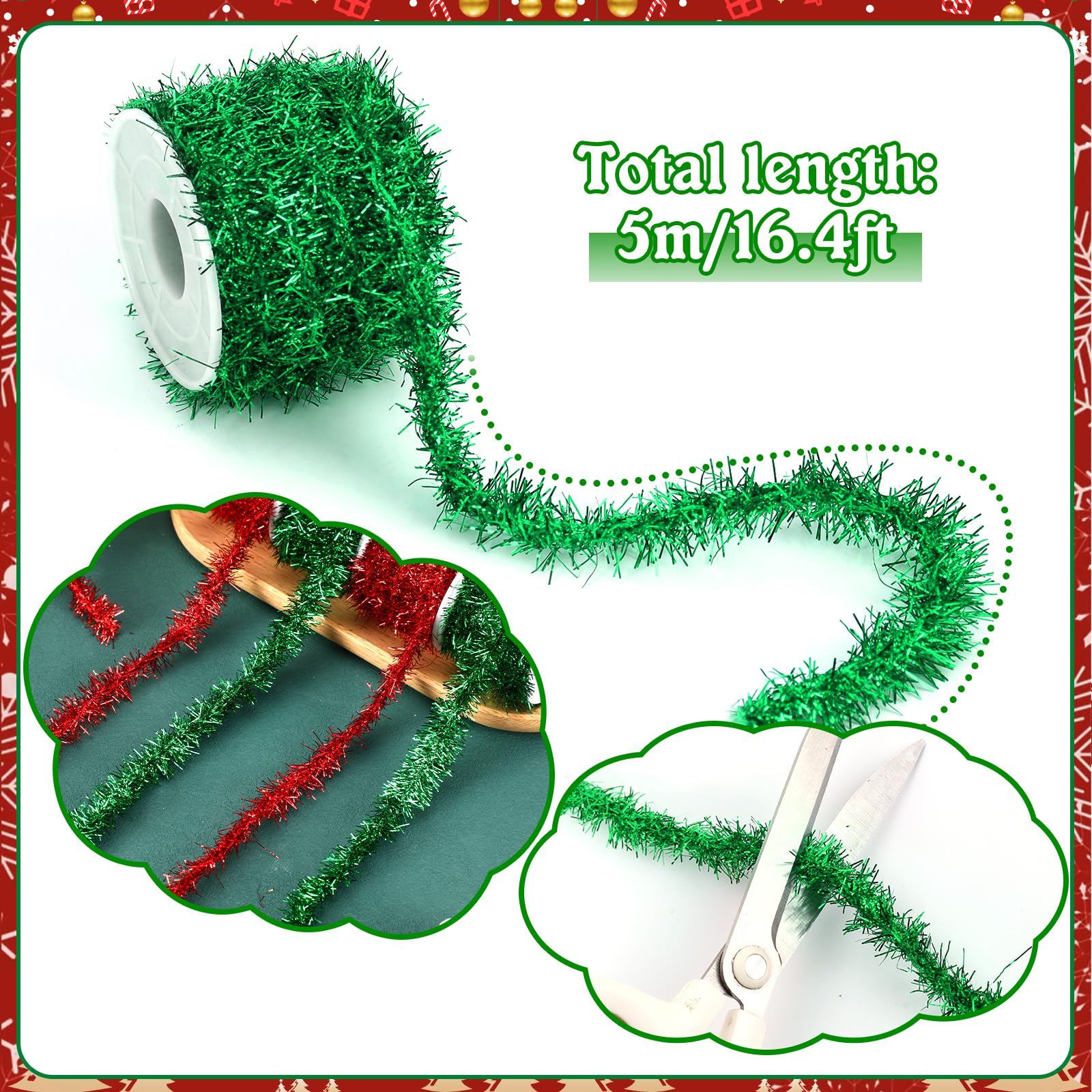 MARFOREVER 4 Rolls 65.7 FT Christmas Tinsel Ribbon Glitter Red Green Tinsel Xmas Decorations for Christmas Tree Birthday Party I