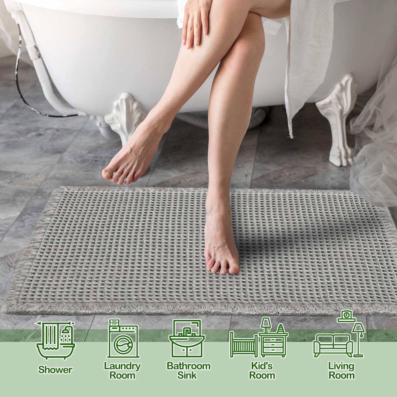 Zall Grey Waffle Bath Mat,Super Absorbent Non Slip Bathroom Rug,Gray 24X36Inch,Machine Washable Ultra Soft Floor Mats