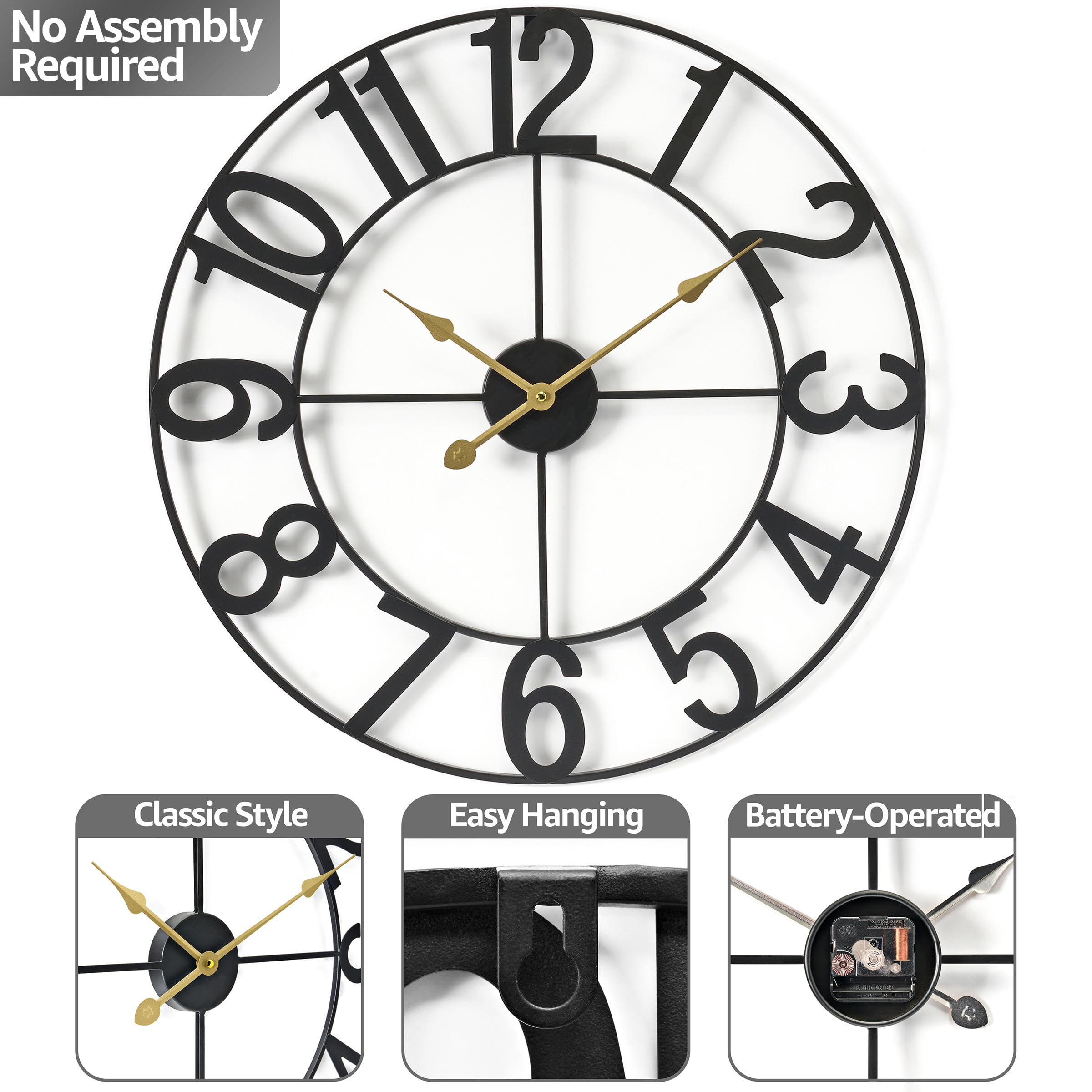 Sorbus 16-Inch Large Wall Clock - Decorative Black Metal Clock with Gold Hands - Silent, Battery Operated, Modern Wall Decor for
