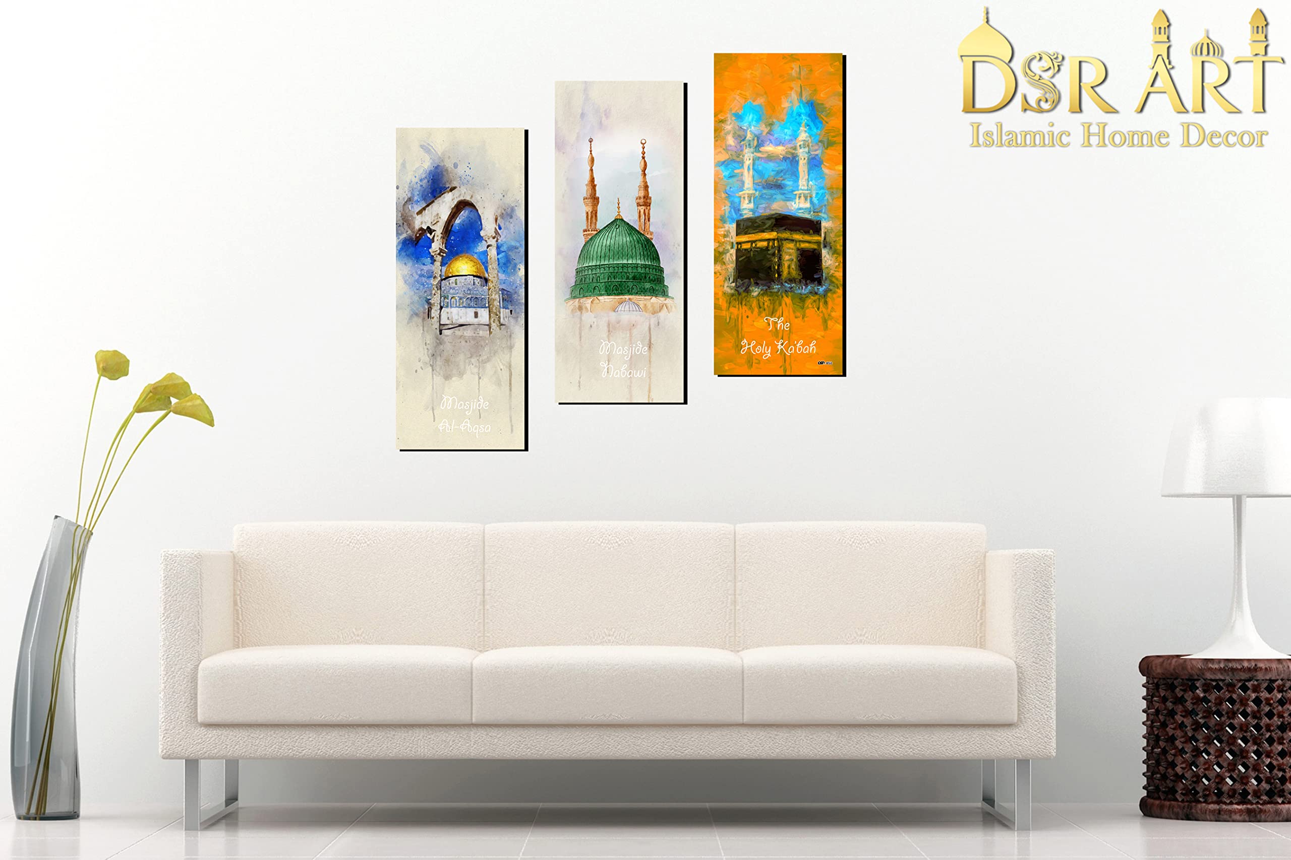 Dsr Art Makkah Kaaba Madina Shareef Masjid Aqsa Canvas Effect For Islamic Wall Canvas Pack Of 3 Size 15X6 Inch