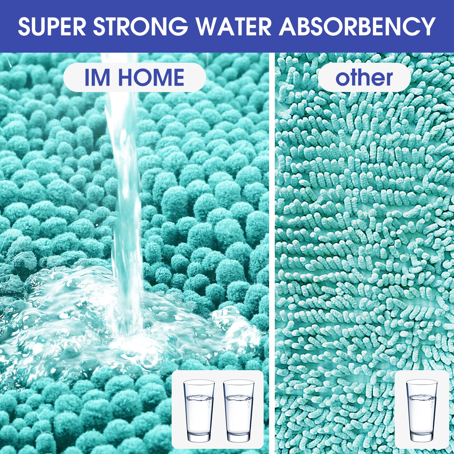 Accumtek Striped Teal Green Bathroom Rug Set 3 Pieces Ultra Soft, Non Slip Chenille Toilet Mat, Absorbent Plush Shaggy Bath Mats