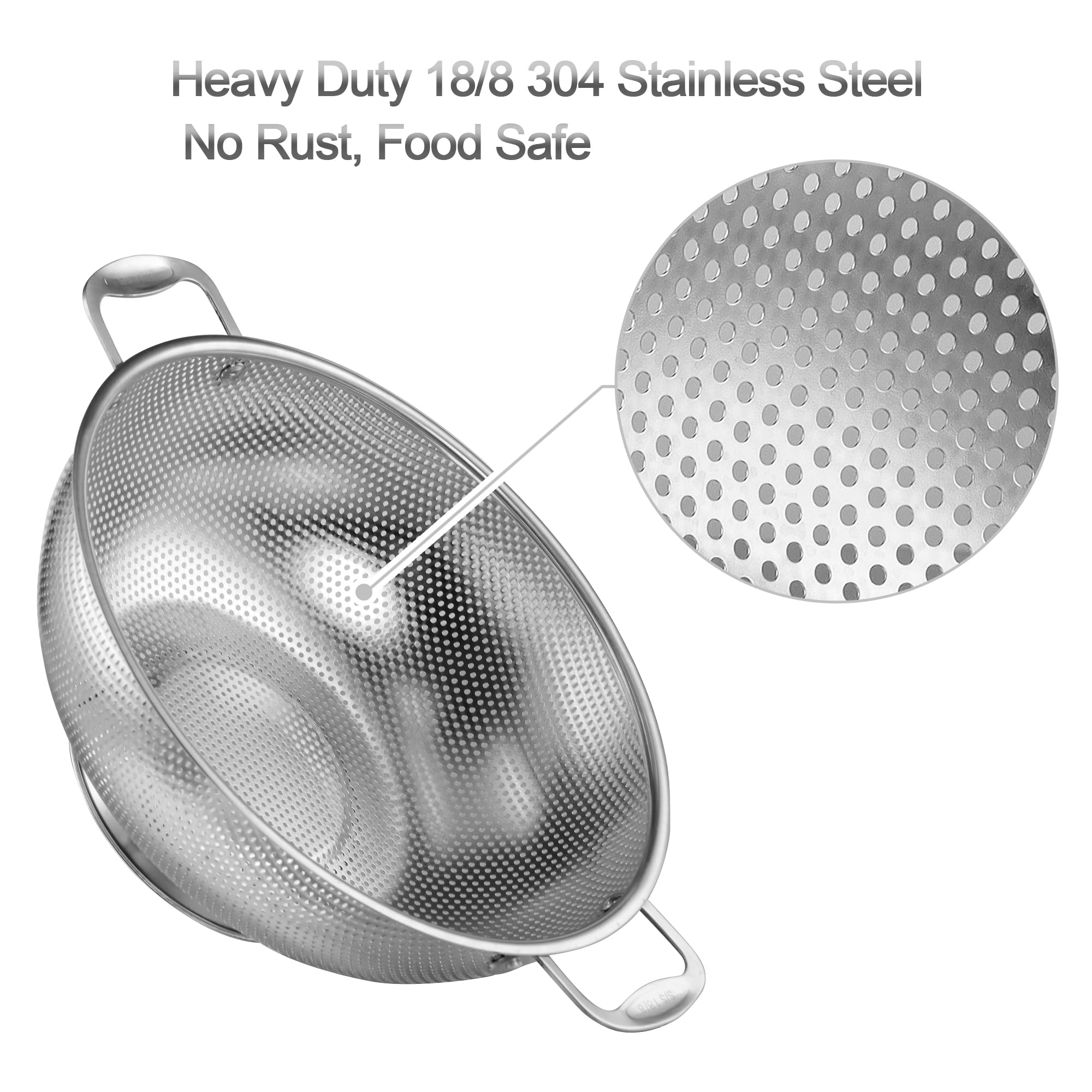 Extra Large 6-Qt Colander, 18/8 Stainless Steel Mesh Strainer For Kitchen, Food Sieve With Riveted Handles And Self-Draining Sol