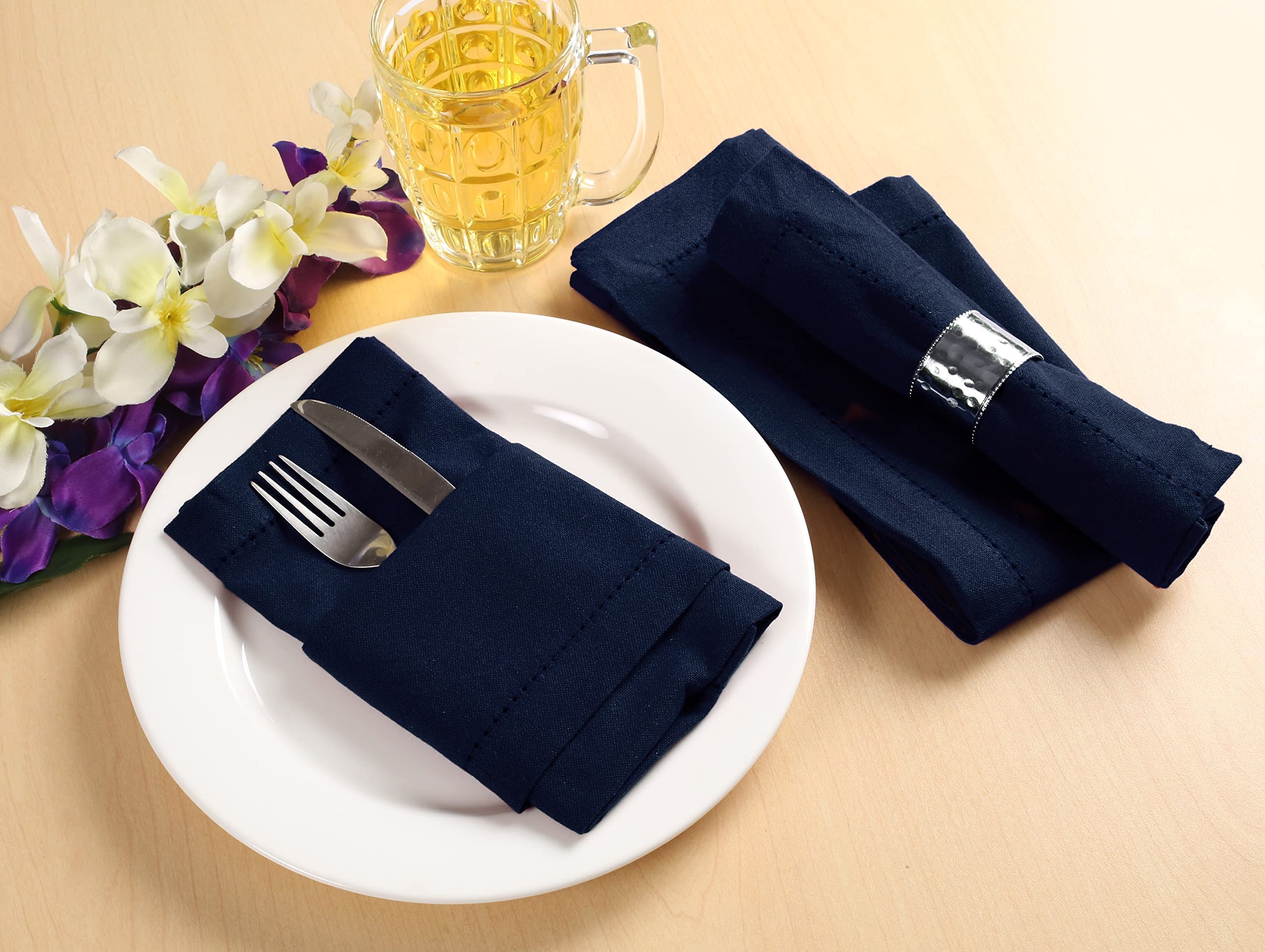 Palisa Cloth Dinner Napkins with Hemstitched Detailing & Mitered Corners Set of 12 (18x18 Inches) Navy - Cotton Reusable Dinner Napkins - Perfect for Weddings & Everyday Use