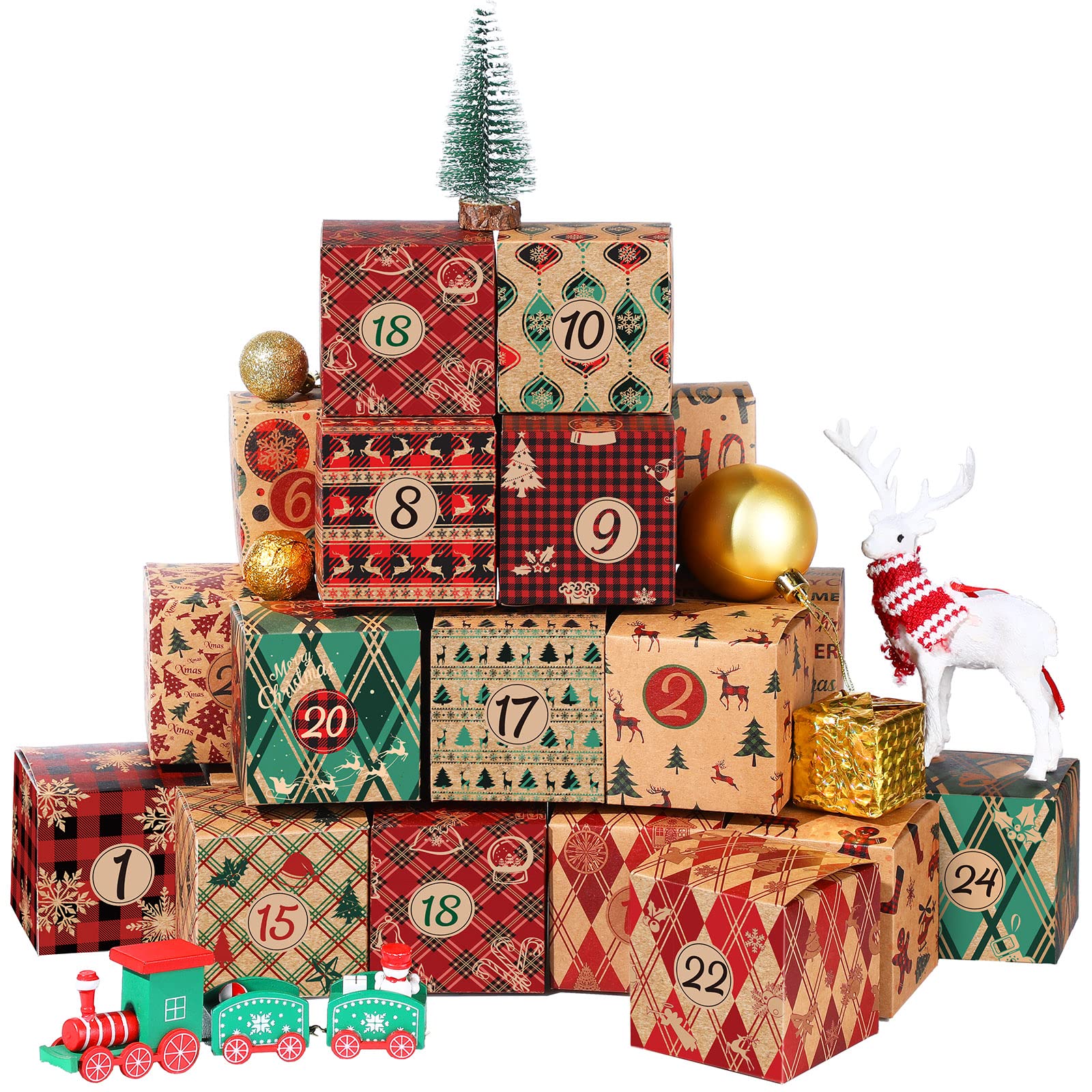Outus DIY Christmas Advent Calendar Boxes 2025, 25 Days Christmas Cardboard Number Boxes Christmas Countdown Calendar Refillable