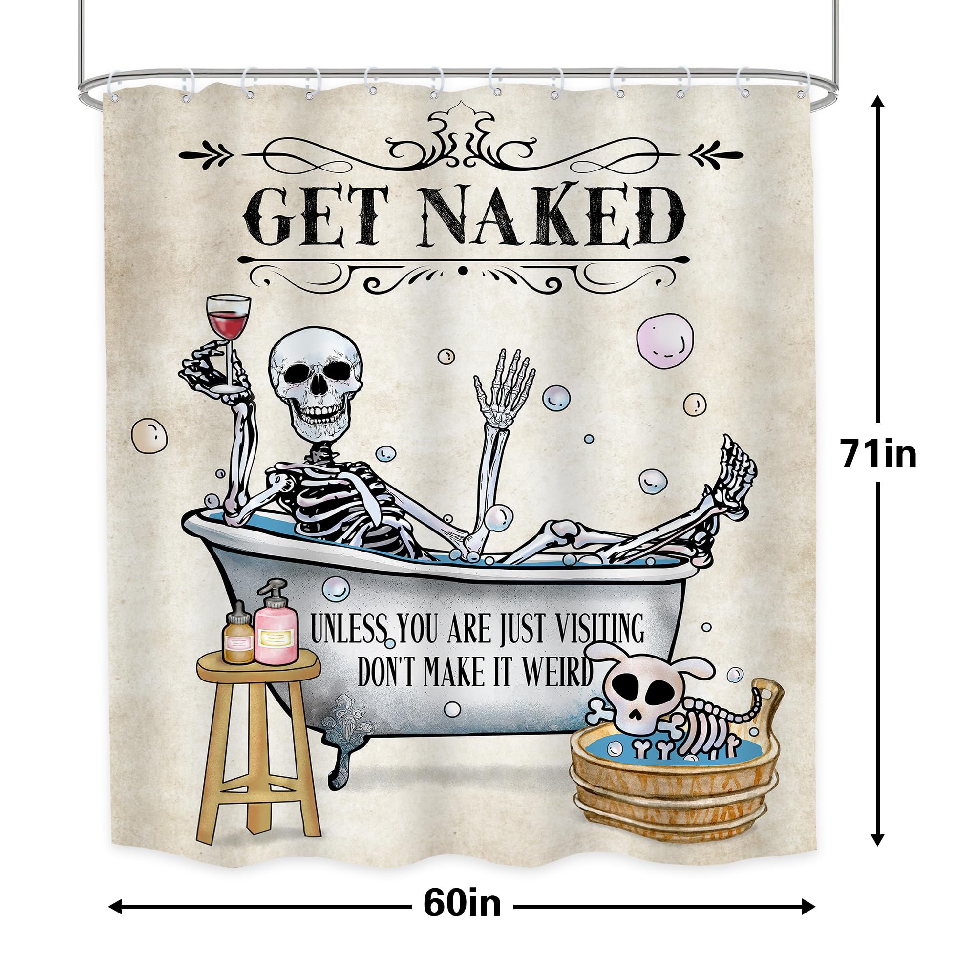 Lghtyro Funny Skull Skeleton Shower Curtain Bathroom Set 60Wx71H Inches Gothic Spooky Halloween Hilarious Bathing In Bathtub Bub