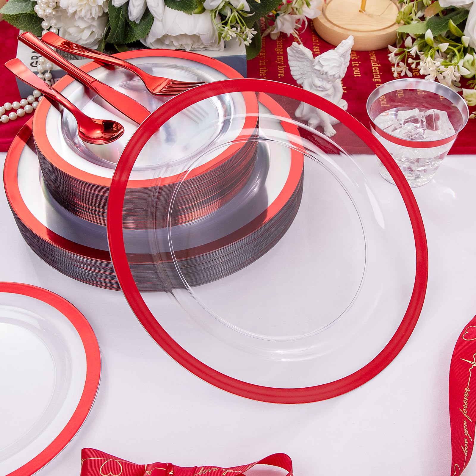 I00000 350 Pcs Clear And Red Plastic Plates,Valentines Disposable Dinnerware Set, Include 50 Dinner Plates 10.25'', 50 Dessert P