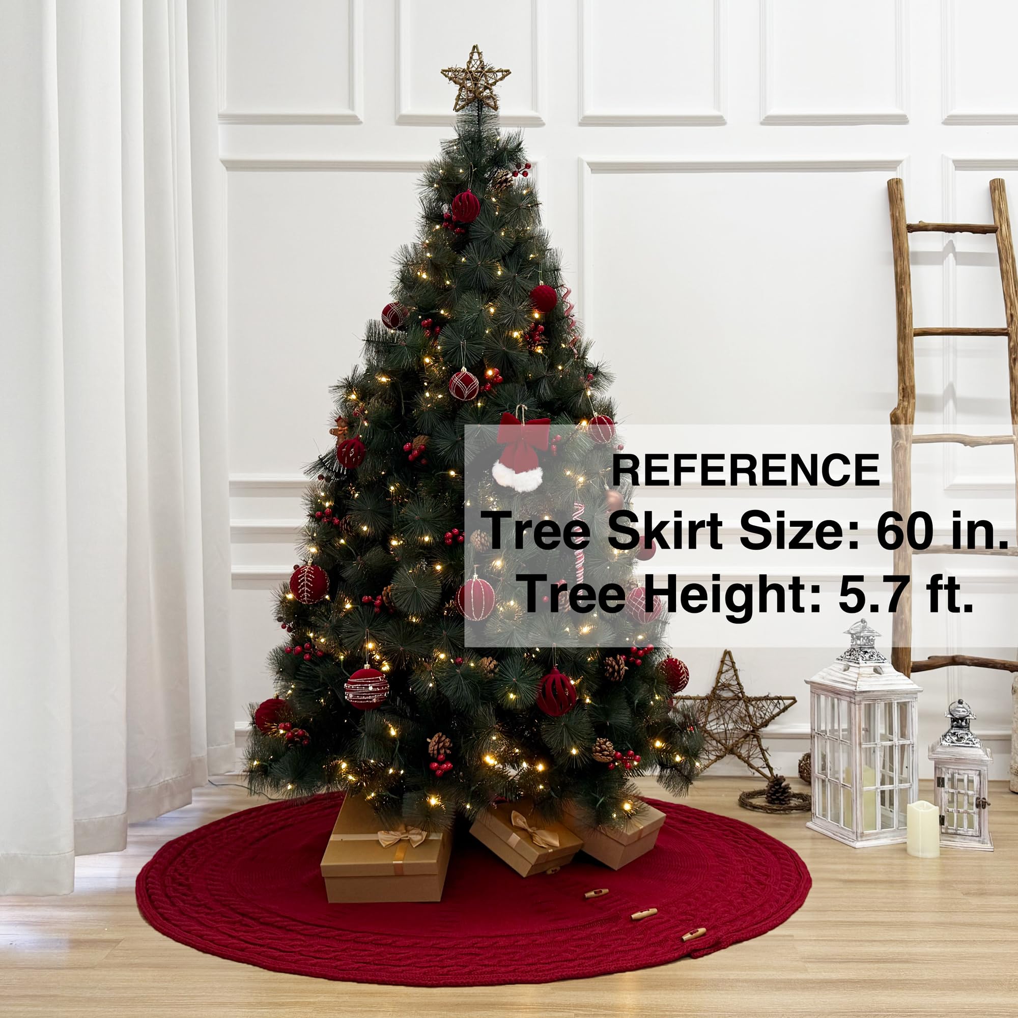 Starry Dynamo 60-Inch Cable Sweater Knit Christmas Tree Skirt with Wooden Toggles, Burgundy