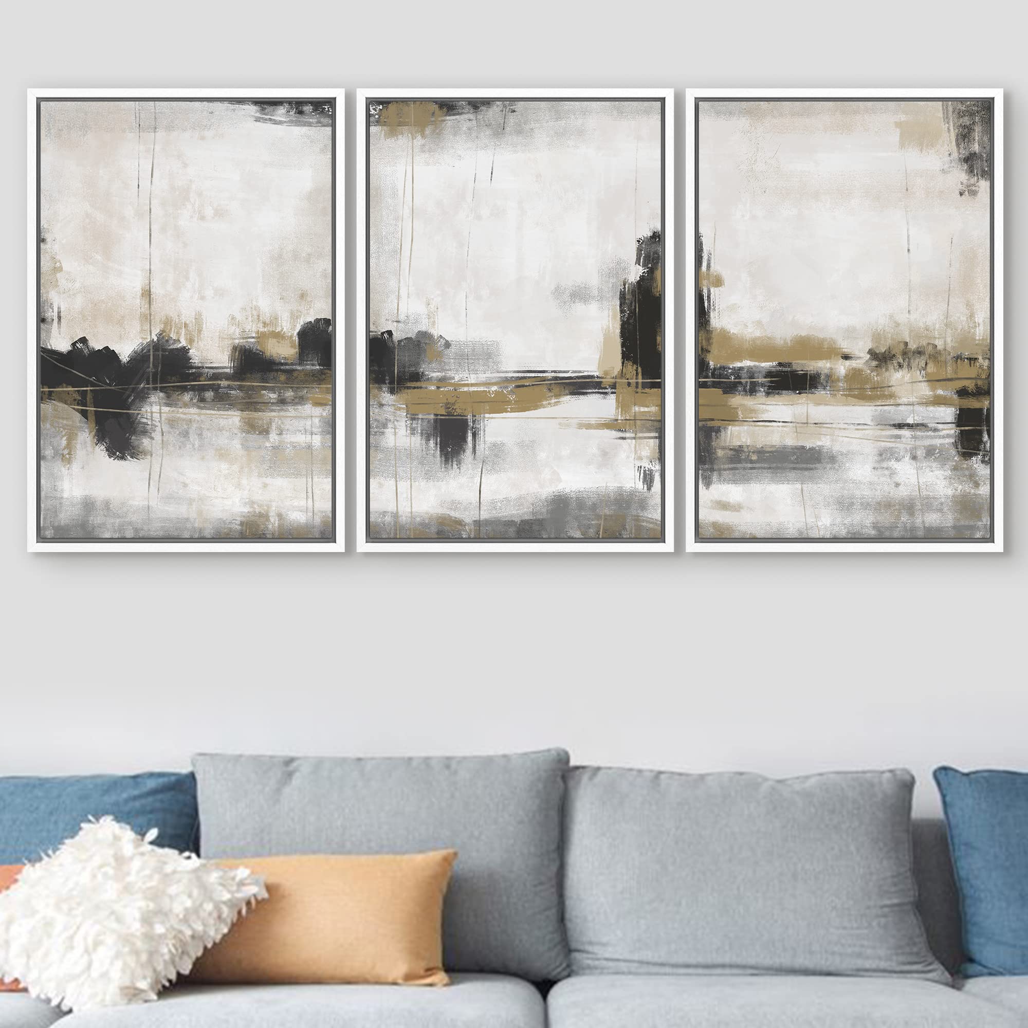 Signford Framed Canvas Print Wall Art Set Dark Pastel Grunge Paint Strokes Abstract Shapes Illustration Modern Art Decorative No
