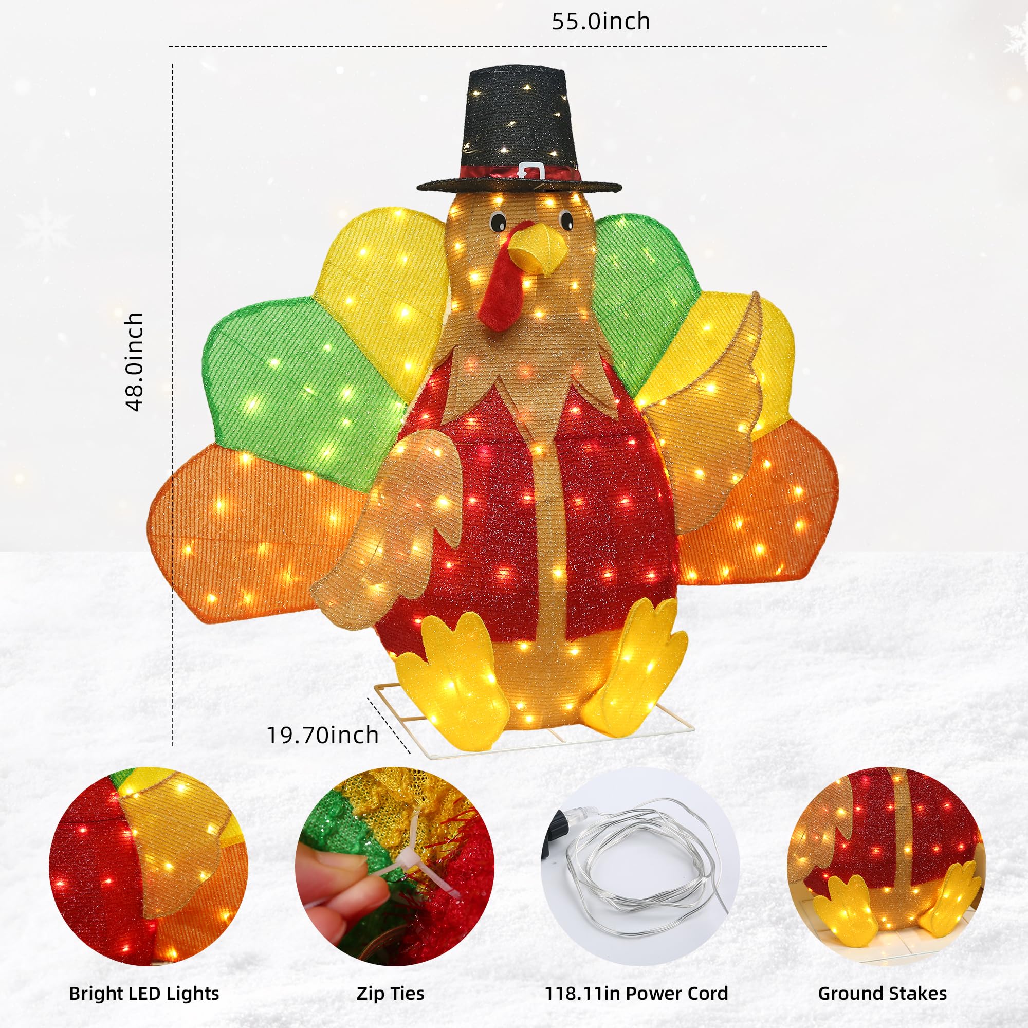 48Inch Lighted Turkey Outdoor Christmas/Thanksgiving Decorations Turkey Light for Fall Harvest Halloween Decor Fall Decorations