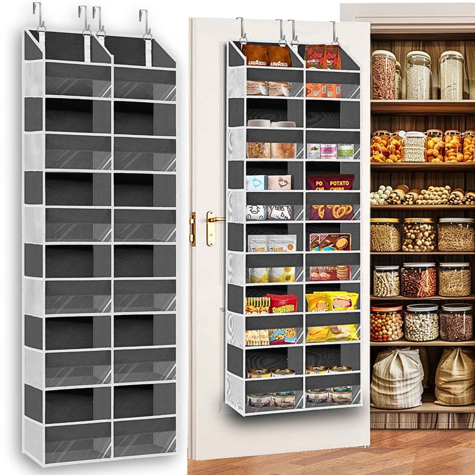 Over the Door Organizer 6 Tiers, Extra Large Behind Door Storage of 12 Compartments, 80 lbs Weight Capacity Hanging Storage Orga