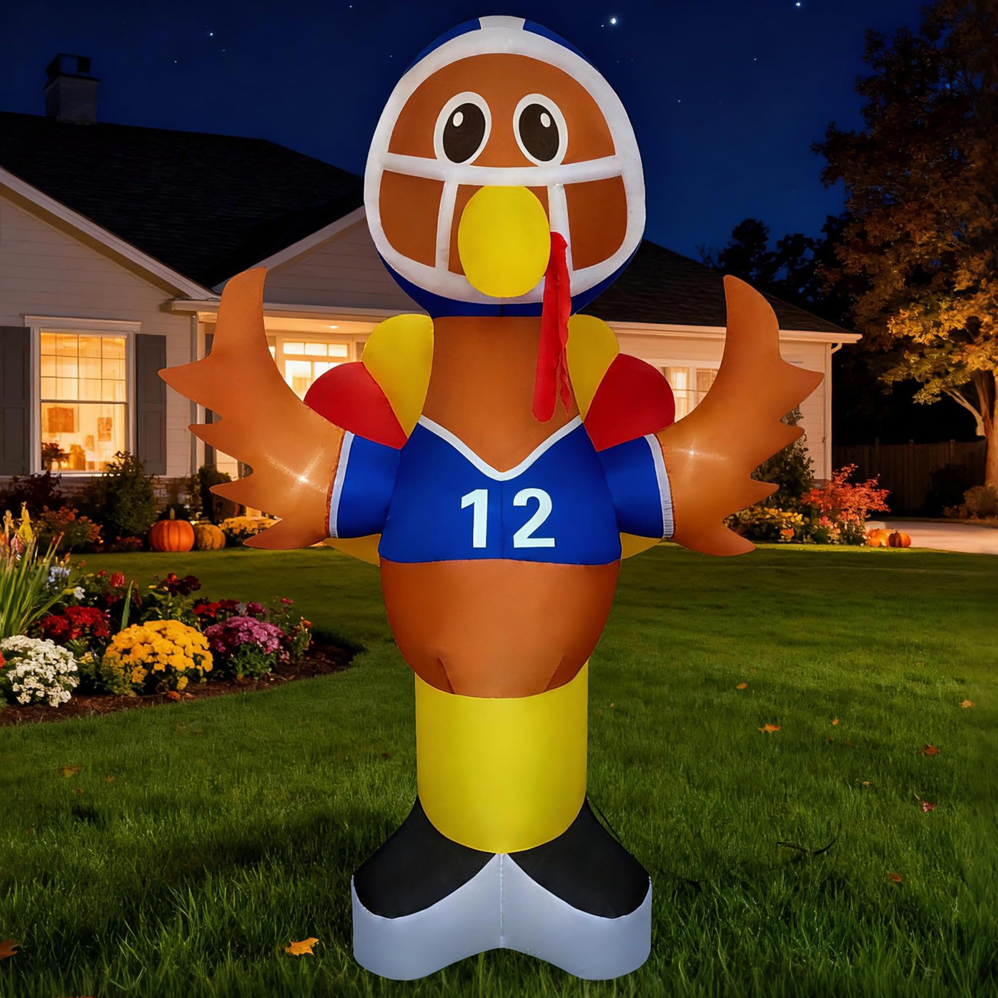 eLUUGIE 8ft Football Thanksgiving lnflatable Turkey Outdoor Decorations Blow Up Yard Turkey with Built-in LEDs for Yard//Garden/