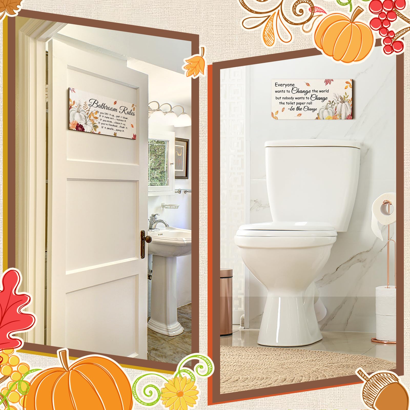 Jetec 2 Pieces Funny Bathroom Signs Bathroom Wall Decor Toilet Wall Accessories Farmhouse Toilet Rustic Wooden Signs (Fall Style
