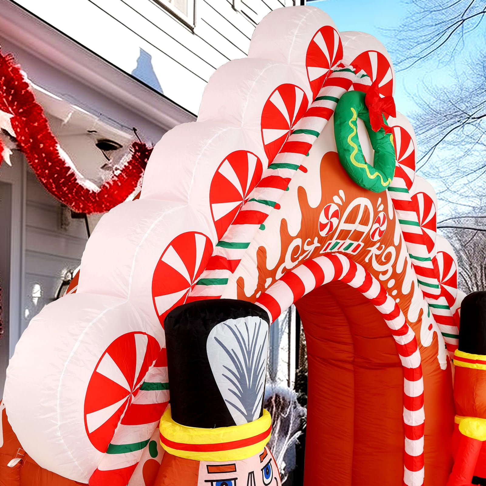 WBHome 10 Ft Christmas Inflatable Gingerbread Candy House with Nutcrackers Outdoor Decorations, Giant Xmas Blow Up Yard Decor wi