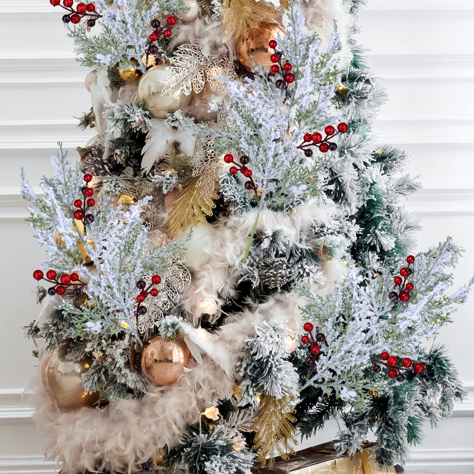 Winlyn 6 Pcs Snowy Artificial Cedar Picks with Red Berries Frosted Faux Cedar Sprays Christmas Cedar Greenery Branches Stems for