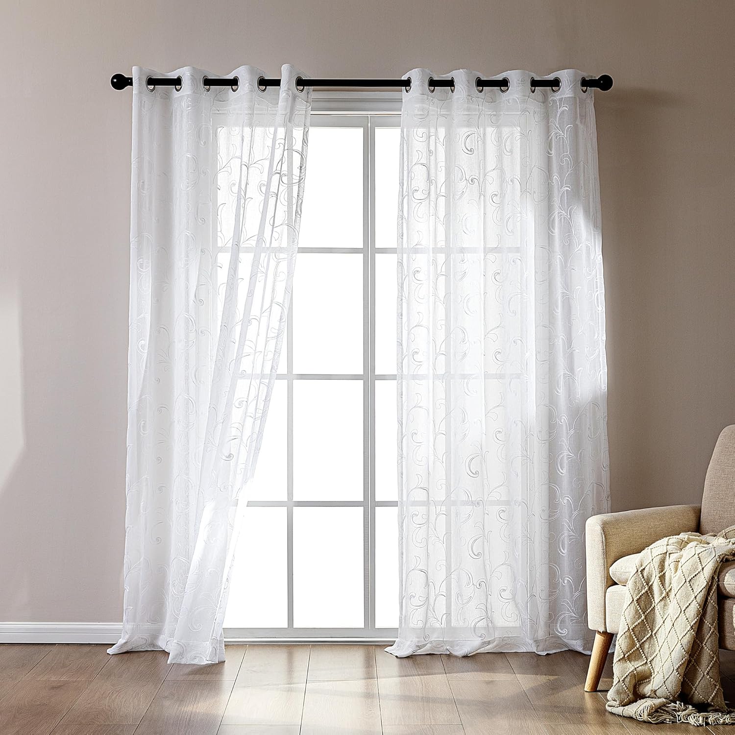 White Leaf Lightweight Washable Sheer Curtains for Living Room & Bedroom