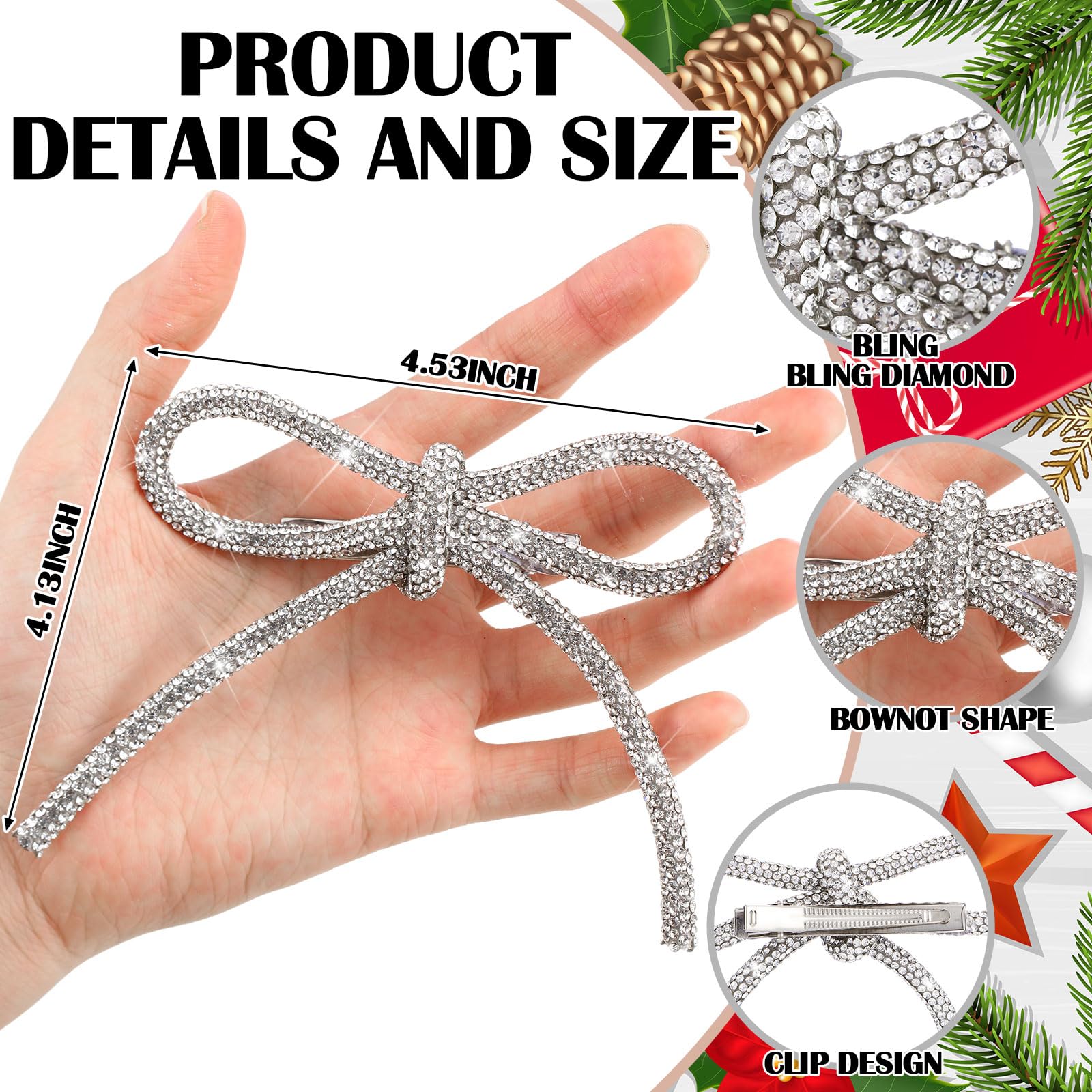 Suncalla 12 Pcs Glitter Christmas Tree Bow Clip Ornaments 4.1 x 4.5 Inch Bow Christmas Tree Wreath Decoration Xmas Hanging Ornam