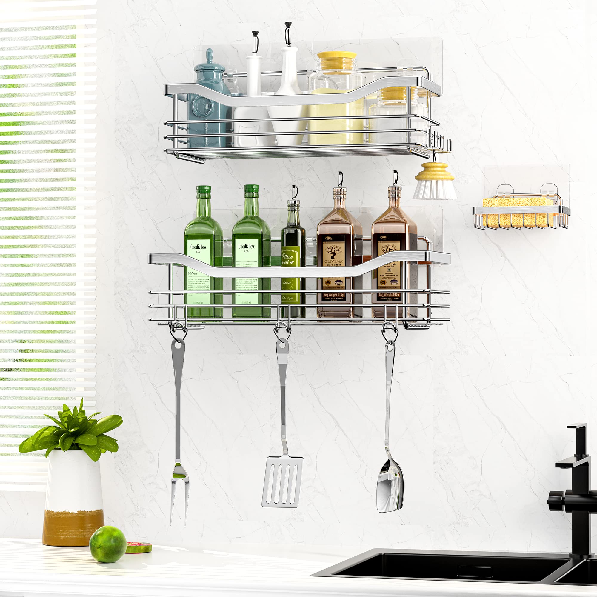 Orimade Shower Caddy Basket Soap Dish Holder Shelf With 5 Hooks Bathroom Organizer Shelf Kitchen Storage Rack Wall Mounted Adhes