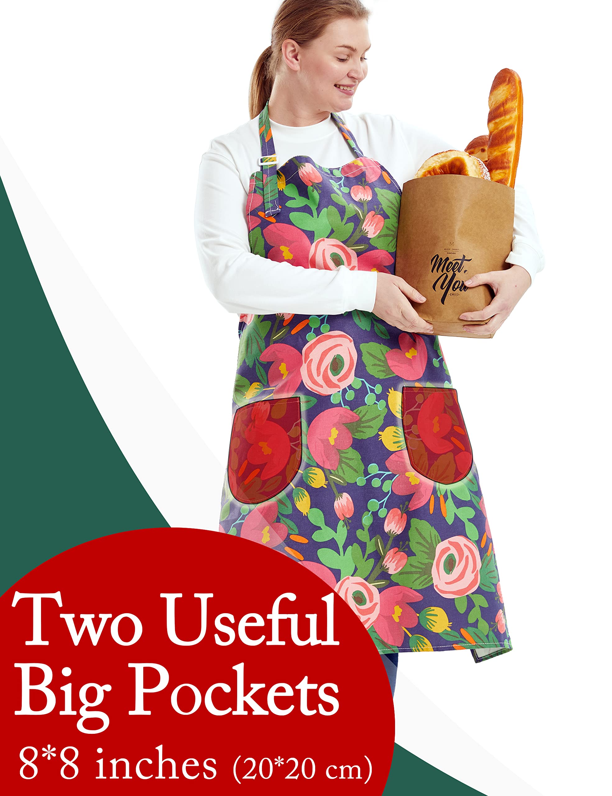 Apronner Cotton Linen Baking Plus Size Aprons For Women With Pockets Kitchen Cooking Red Tulip