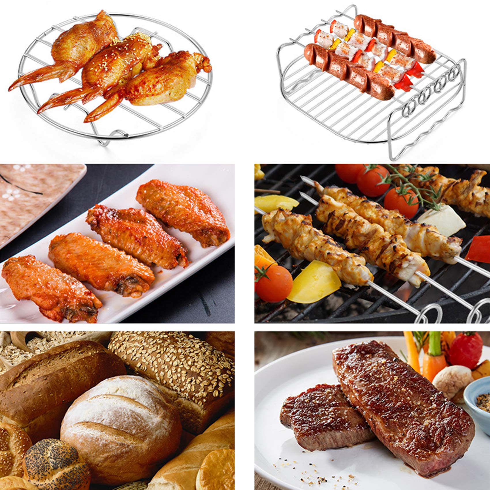 Xiongrida Air Fryer Rack Set of 3, 6'' Double Layer Stainless Steel, Fits 2.5QT+ Air Fryers, Multipurpose Toast & Skewer Rack, Silver