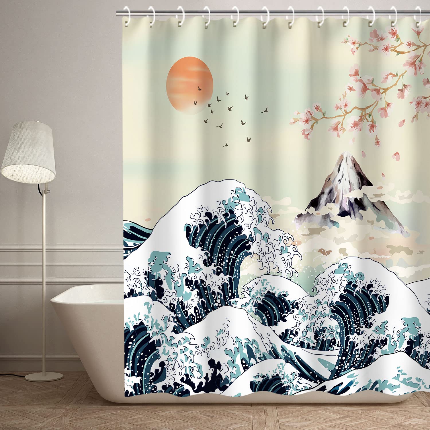 Rosielily Japanese Shower Curtain, Wave Shower Curtain Cool Shower Curtain Art Shower Curtain Hooks, Anime Mountain Sunset Showe