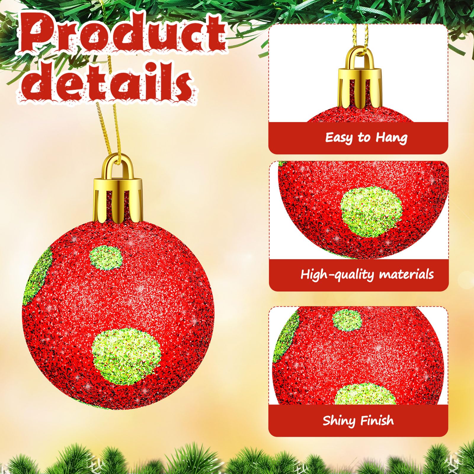 24 Pcs Christmas Ball Ornaments Lime Green Red Christmas Ball Ornament Glittering Hanging Decor Plastic Xmas Tree Decoration Dot