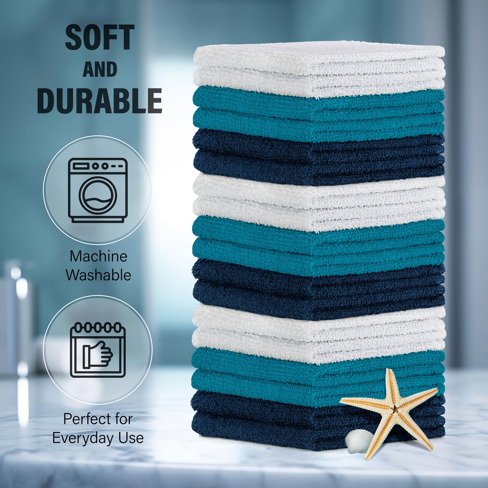 Decorrack 18 Pack 100% Cotton Wash Cloths, Ultra Soft, 11 X 11 Inch Ultra Absorbant, Machine Washable Premium Washcloths, Blue (