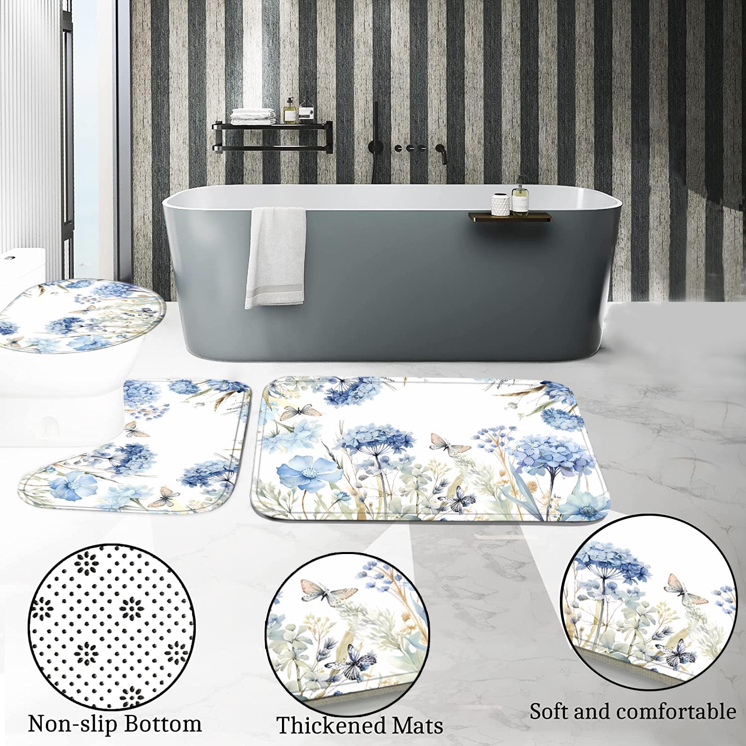 Pretyw 4-Piece Blue Floral Shower Curtain Set Butterfly Flowers Bathroom Set With Shower Curtain And Rugs, Blue White Bath Curta