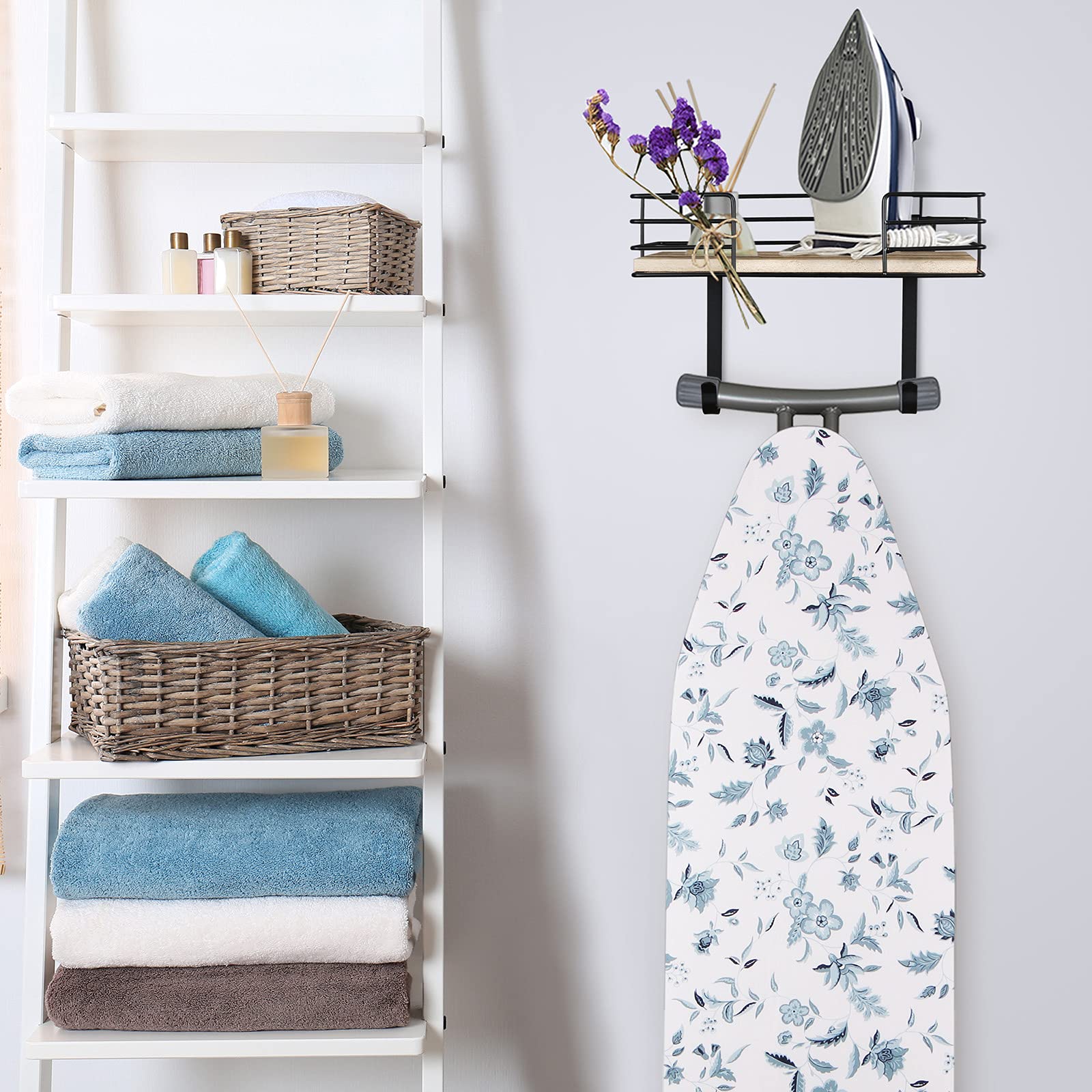 Thygiftree Ironing Board Hanger Wall Mount, Ironing Board Holder With Shelf, Ironing Board Wall Mount With Storage Wooden Basket