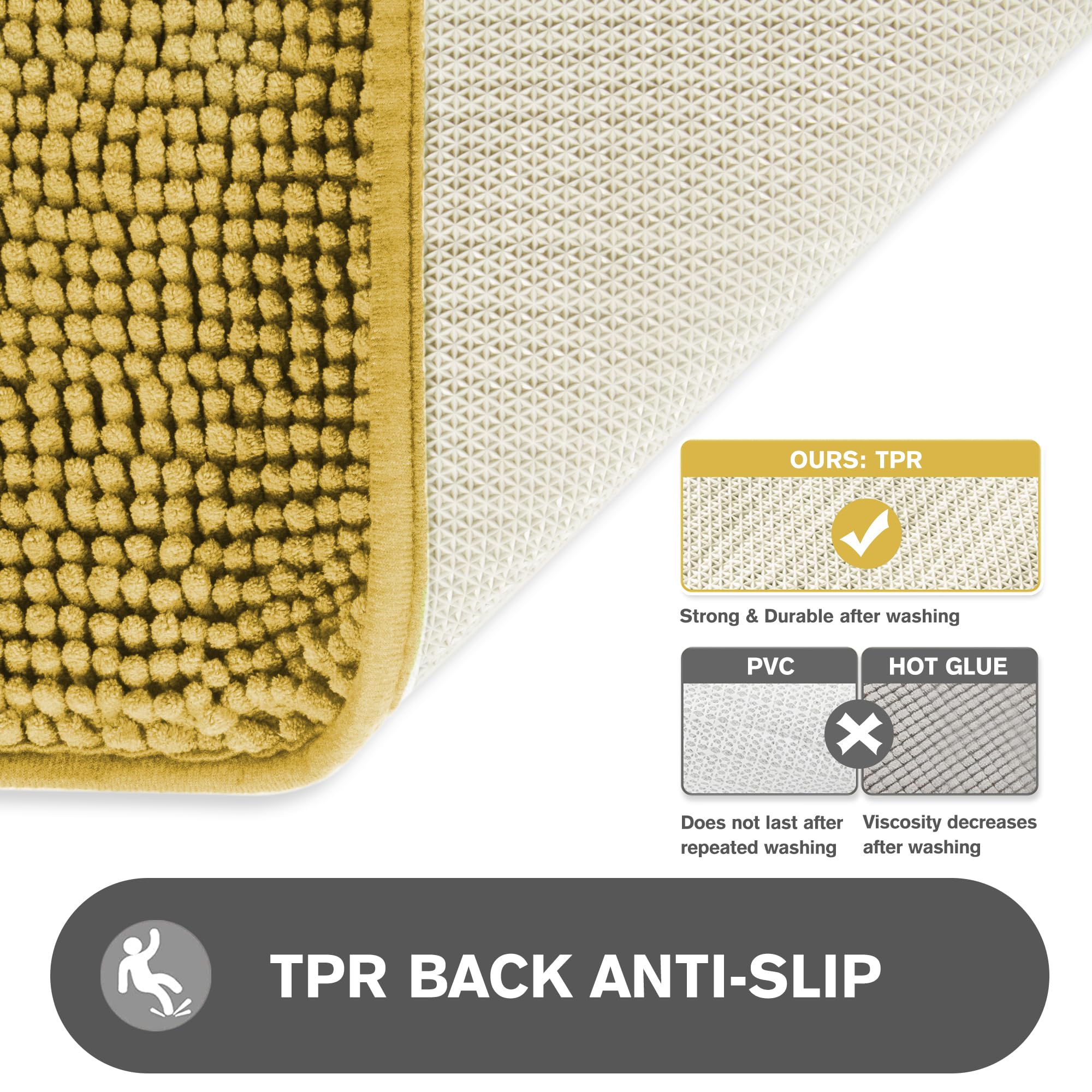 Pureswan Mustard 47 X 17 Bathroom Rugs - Absorbent And Washable Bath Mat, Non-Slip, Thick Soft Chenille Bath Rugs For Bathroom F