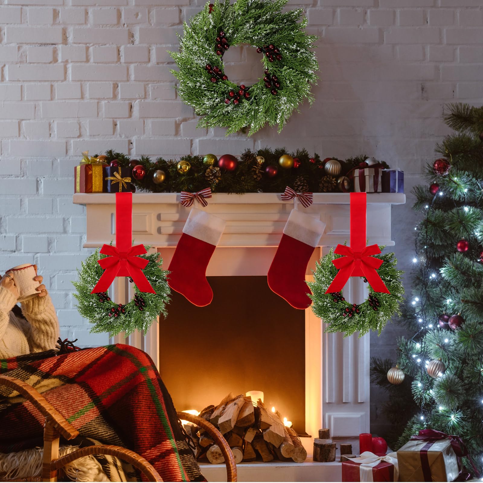 6 Pcs Small Christmas Norfolk Wreaths 15 Inch Christmas Kitchen Cabinet Mini Wreath Real Touch with Bow Ribbon Cedar Red Berry f