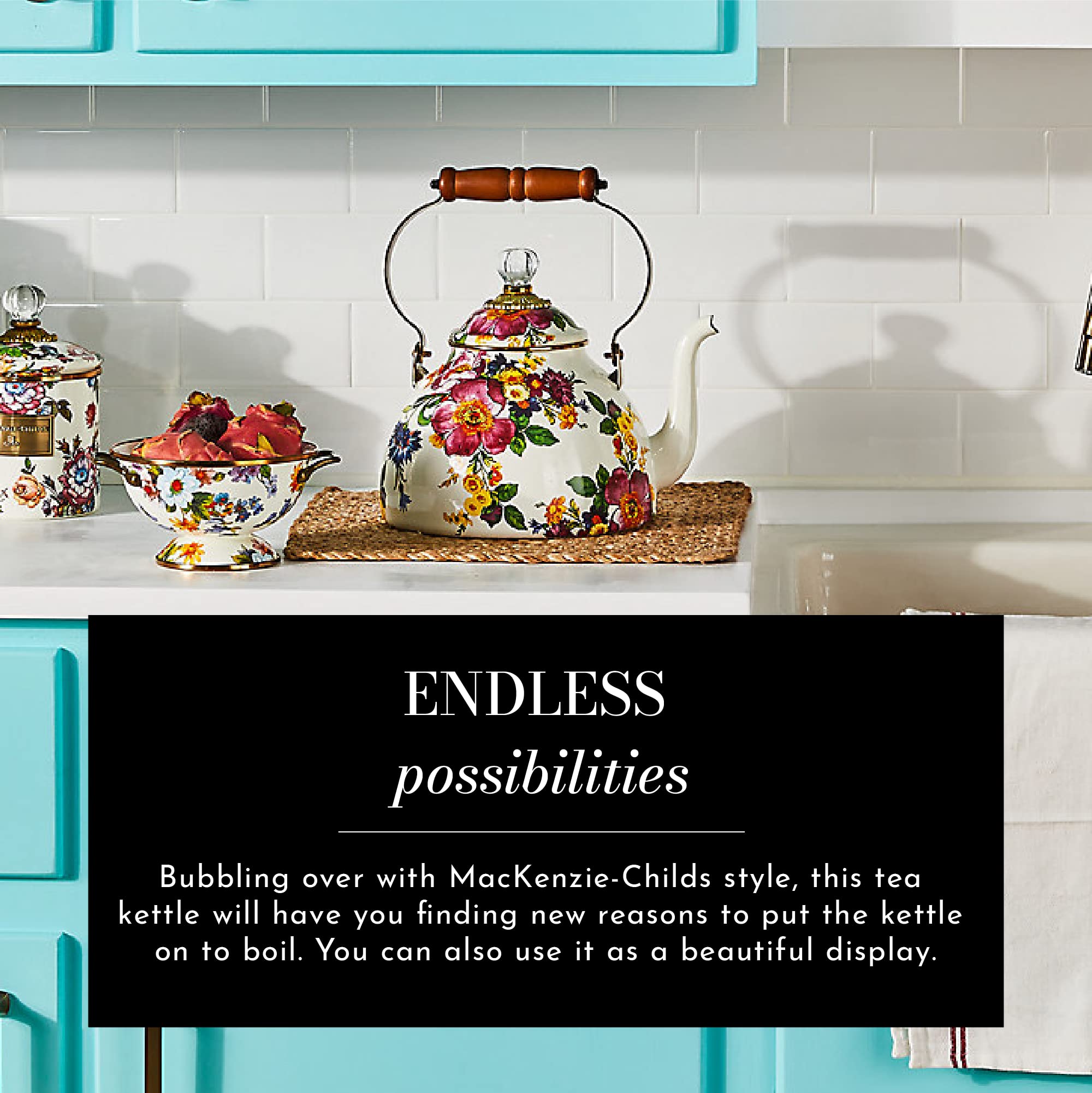 Mackenzie-Childs Flower Market Enamel Tea Kettle, Decorative Tea Kettle, 3-Quart Capacity, White