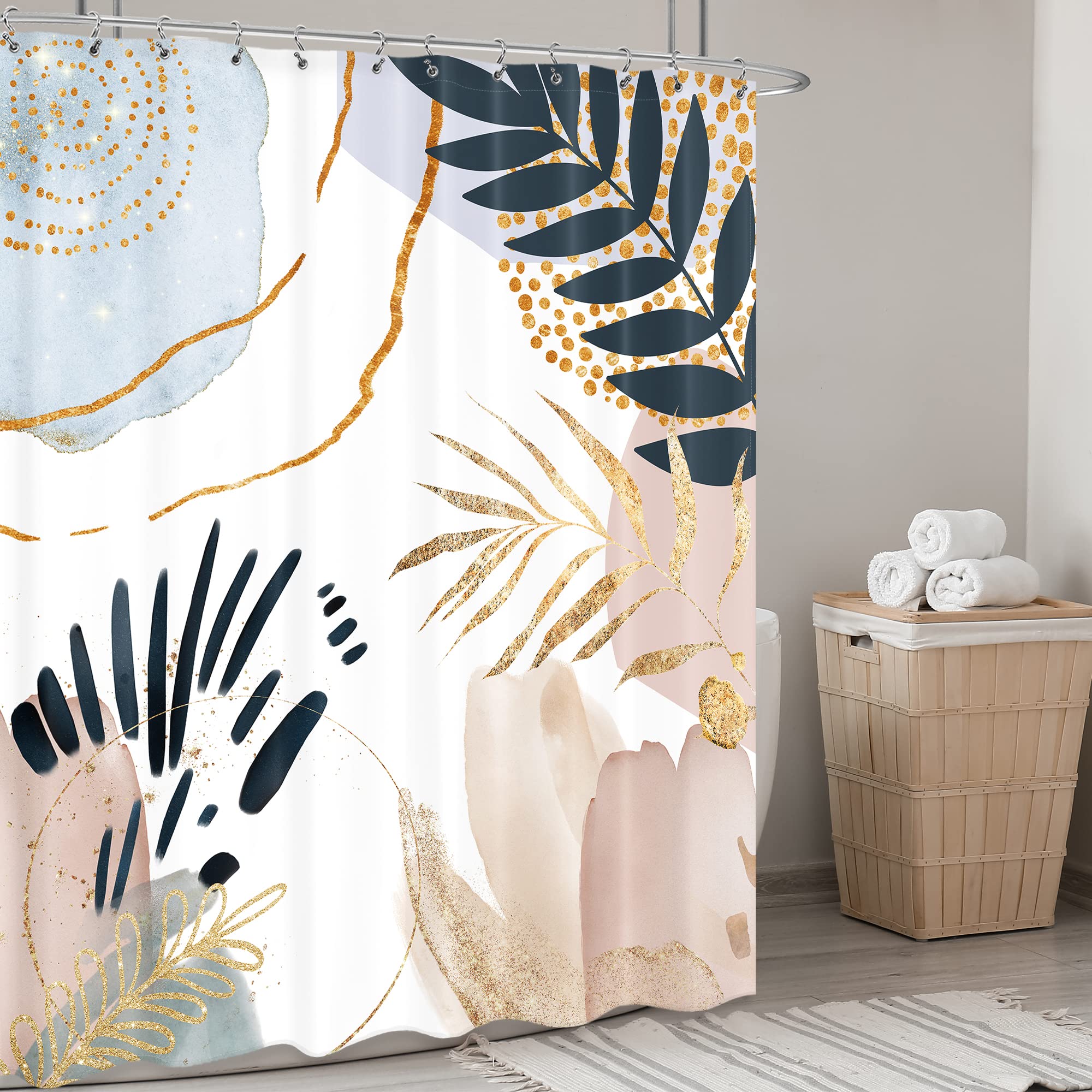 LIGHTINHOME Abstract Mid Century Shower Curtain 72Wx84H Inches Extra Long Boho Pastel Geometric Golden Leaves Minimalist Modern Aesthetic Bathroom Home Decor Fabric Waterproof Polyester with Hooks