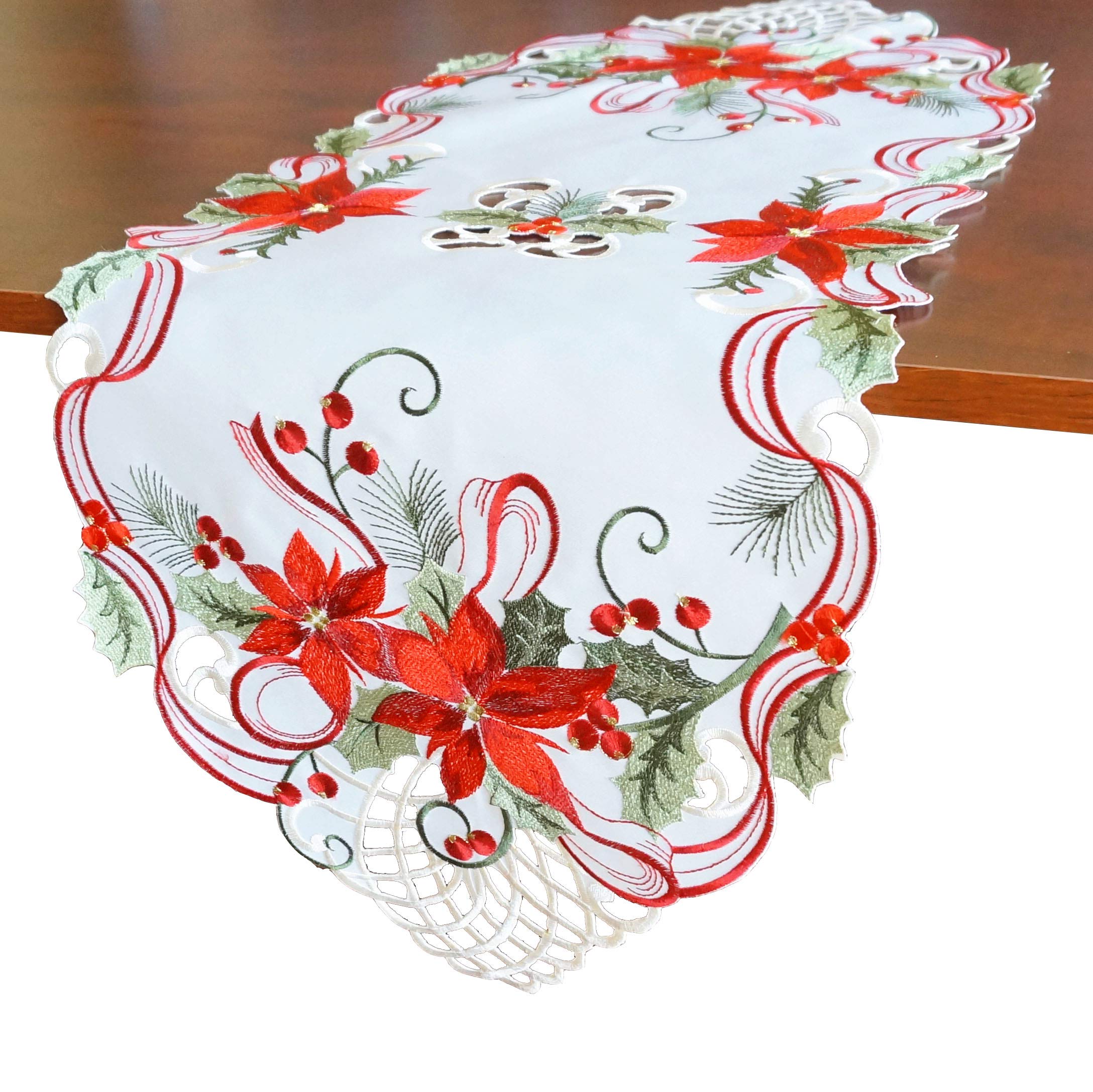 Holiday Christmas Table Runner 13''X34'', Cutwork Embroidered Floral Christmas Flower Dresser Sacrf Table Topper For Home Dining