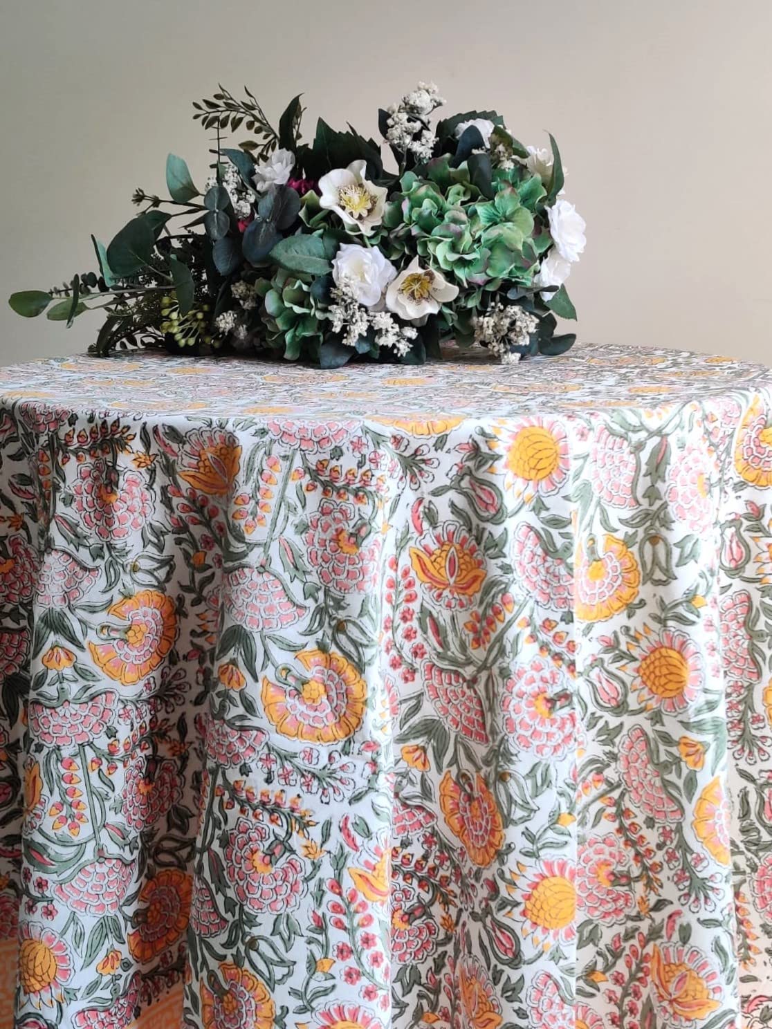 Atosii Clover Yellow 100% Cotton Round Tablecloth, Handblock Print Floral Table Cloth For Kitchen Dining Linen I Parties, Weddin