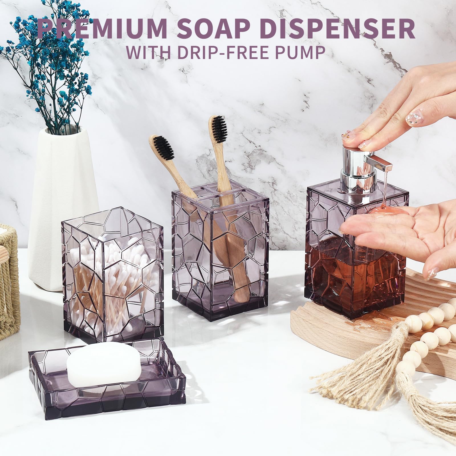 Gahefy Lavender Purple Bathroom Accessories Set With Toothbrush Holder, Soap Dispenser, Tumbler, Soap Dish, Purple Bathroom Deco