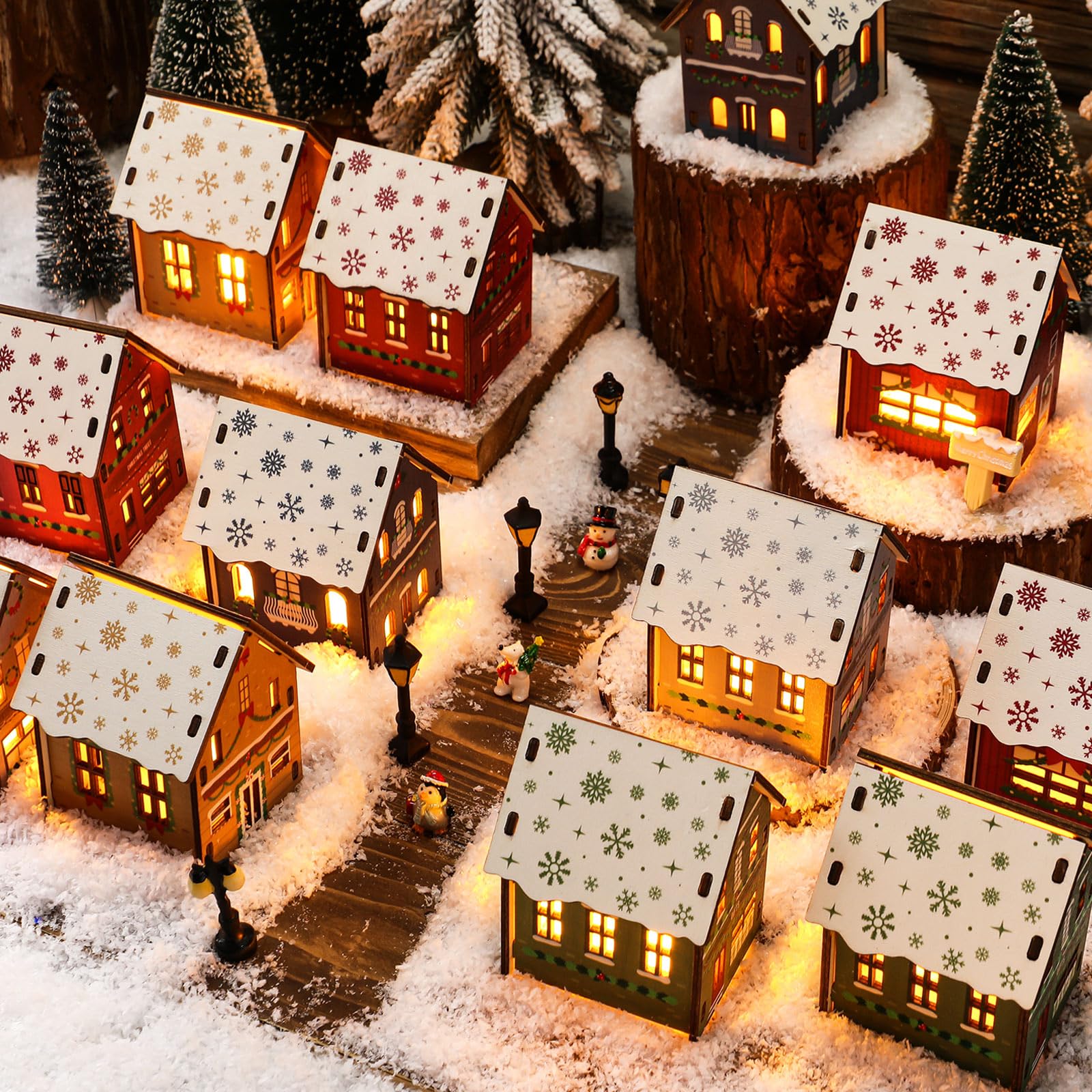 Lunmon 29 Pcs DIY Christmas Village Sets 12 Pcs Wood Village Houses Xmas Scene Figurines Decoration Mini Tree Desktop Ornament f