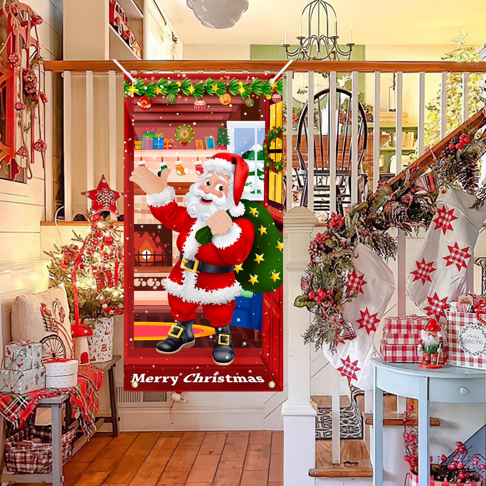 Christmas Door Cover Santa Claus Decoration Xmas Large Photography Background Banner Porch Sign For Winter Indoor Outside Front